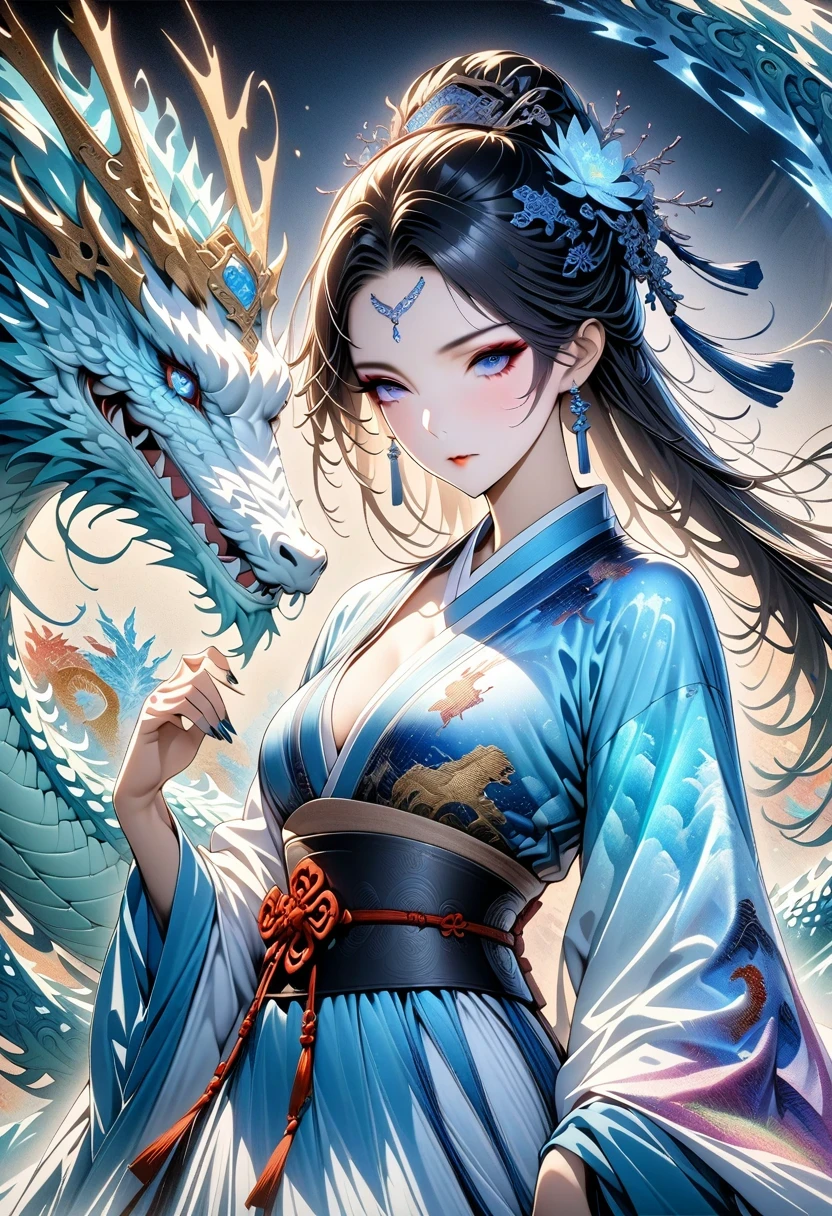 *8k masterpiece, top quality, best quality, official art, (Beauty and Aesthetics: 1.3), Very detailed, (fractal art: 1.3), rich and colorful, Ice and Chinese Dragon, Serpentine, nail, blue and 1 Woman, Han Chinese Women Media, hanfu, blue