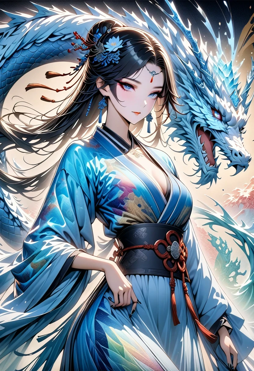 *8k masterpiece, top quality, best quality, official art, (Beauty and Aesthetics: 1.3), Very detailed, (fractal art: 1.3), rich and colorful, Ice and Chinese Dragon, Serpentine, nail, blue and 1 Woman, Han Chinese Women Media, hanfu, blue