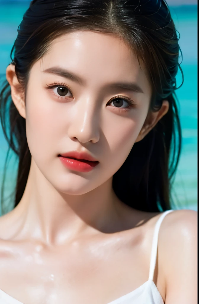 best quality, masterpiece, ultra high resolution, Supermodel taking a dip in the Maldives Sea, What a beautiful face., pure body, Transparent pores are visible, (laugh:0.8), (realism:1.5), original photo, wet body, covered in sweat, bare shoulders, in the dark, deep shadows, low key, cold light,20s idol style, sexy, Pretty Asian woman with straight hair, thick hair, sexy body, My skin is completely white.., white bikini, wet, realistic, Maldives Sea, Similar to Watershed Ratio, 8k, raw photo, masterpieces, very detailed face, very detailed skin, with lipstick, makeup cf, beauty cf, upscale