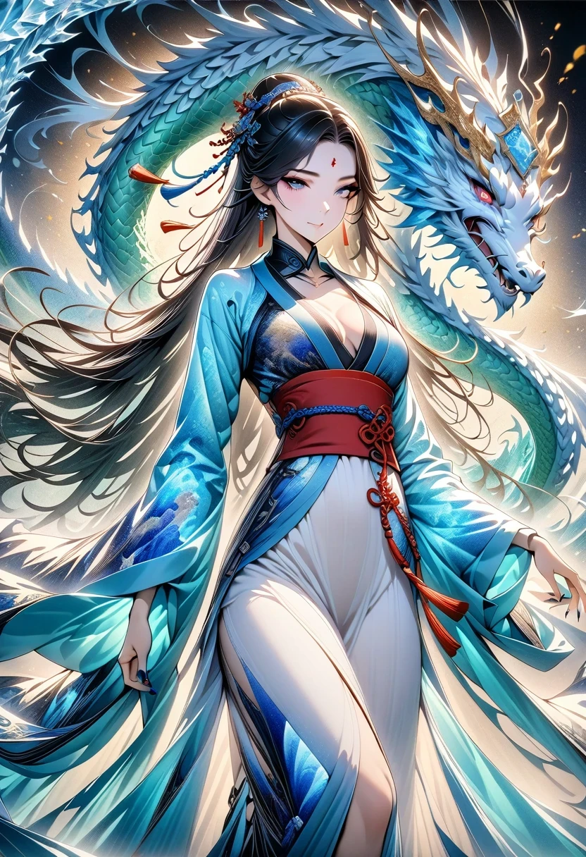 *8k masterpiece, top quality, best quality, official art, (Beauty and Aesthetics: 1.3), Very detailed, (fractal art: 1.3), rich and colorful, Ice and Chinese Dragon, Serpentine, nail, blue and 1 Woman, Han Chinese Women Media, hanfu, blue