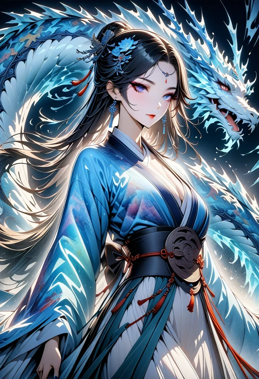 *8k masterpiece, top quality, best quality, official art, (Beauty and Aesthetics: 1.3), Very detailed, (fractal art: 1.3), rich and colorful, Ice and Chinese Dragon, Serpentine, nail, blue and 1 Woman, Han Chinese Women Media, hanfu, blue
