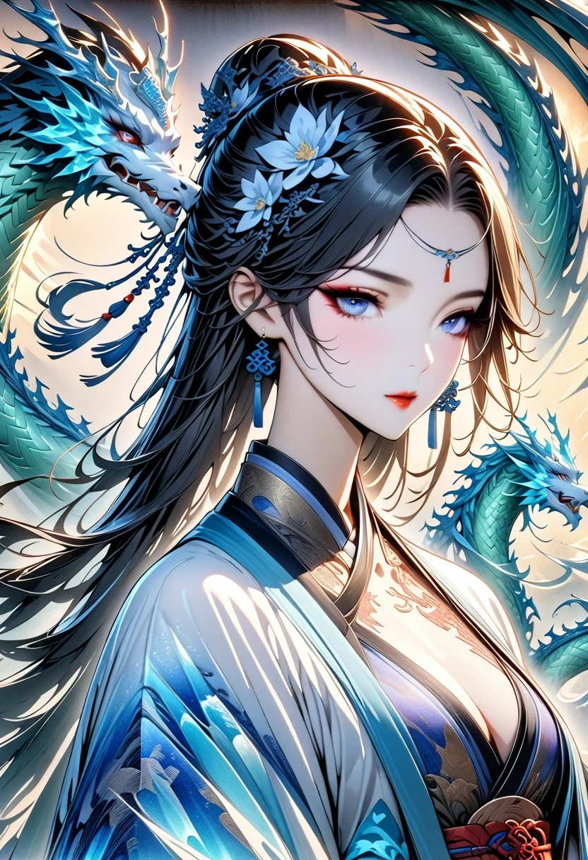 *8k masterpiece, top quality, best quality, official art, (Beauty and Aesthetics: 1.3), Very detailed, (fractal art: 1.3), rich and colorful, Ice and Chinese Dragon, Serpentine, nail, blue and 1 Woman, Han Chinese Women Media, hanfu, blue