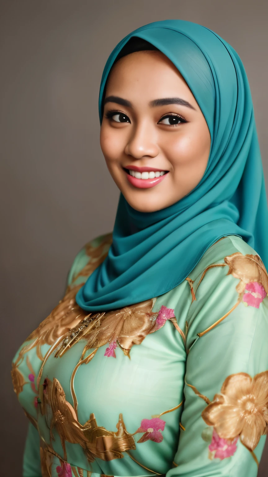 a photo portrait of a beautiful malay girl with turquoise hijab wearing floral turquoise color baju kurung and few freckles, (plain turquoise hijab), very big firm breast, white studio background, (medium shot portrait:1.3), dramatic light , smile, Rembrandt lighting scheme, (hyperrealism:1.2), (8K UHD:1.2), (photorealistic:1.2), shot with Canon EOS 5D Mark IV, detailed face, detailed skin texture, hari raya, eid mubarak,