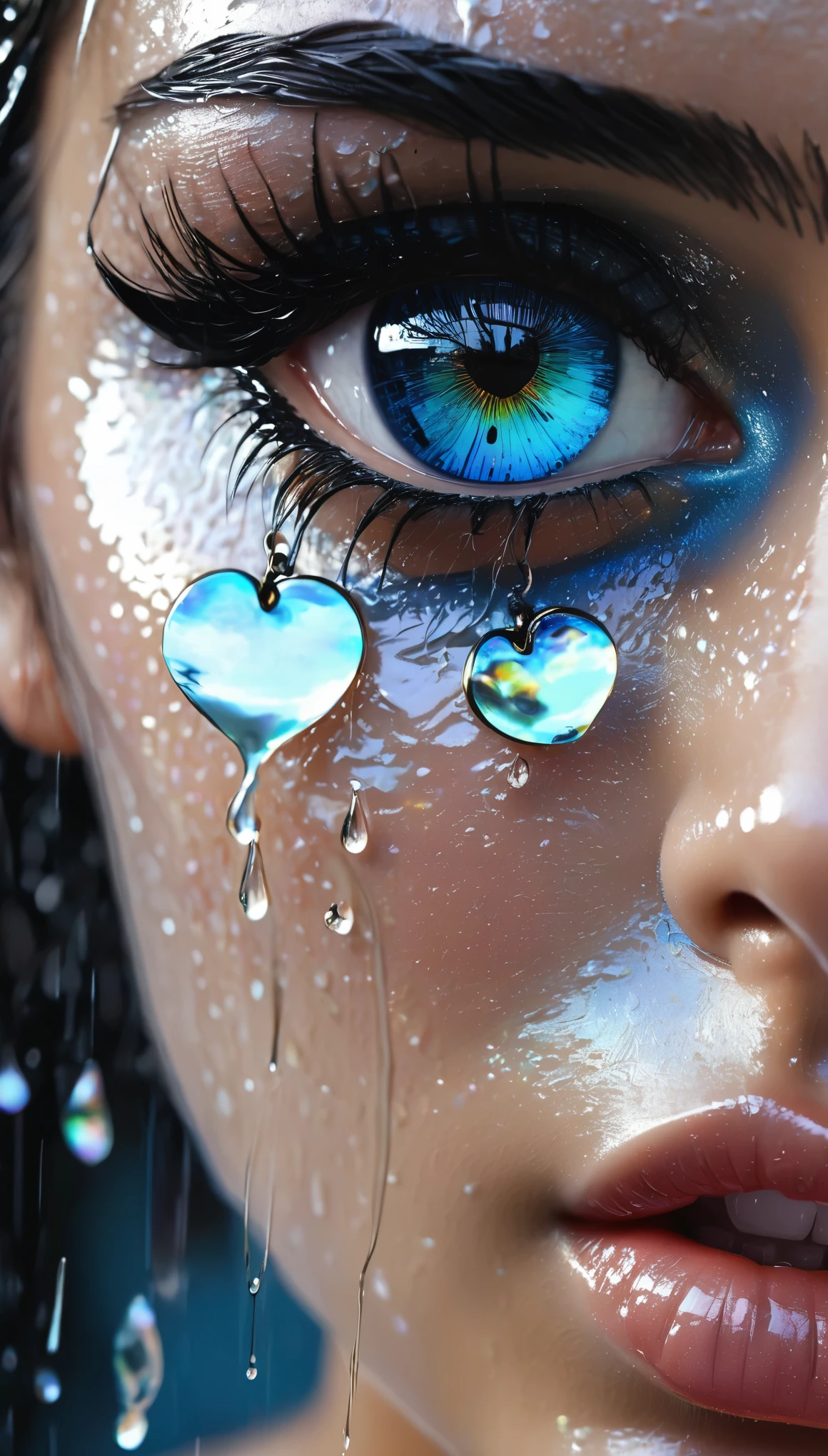 , dos chicas abrazadas bajo la lluvia con el corazon roto, super detailed rendering style, brillo, azul, negro, cepillar, surreal oil painting, ojos brillantes, Tears, llanto, ojos llorosos, primer plano de la cabeza, perspectiva, Efecto Tyndall, gotitas de lluvia en la noche, Mother of pearl iridescence, holographic white, fondo negro,