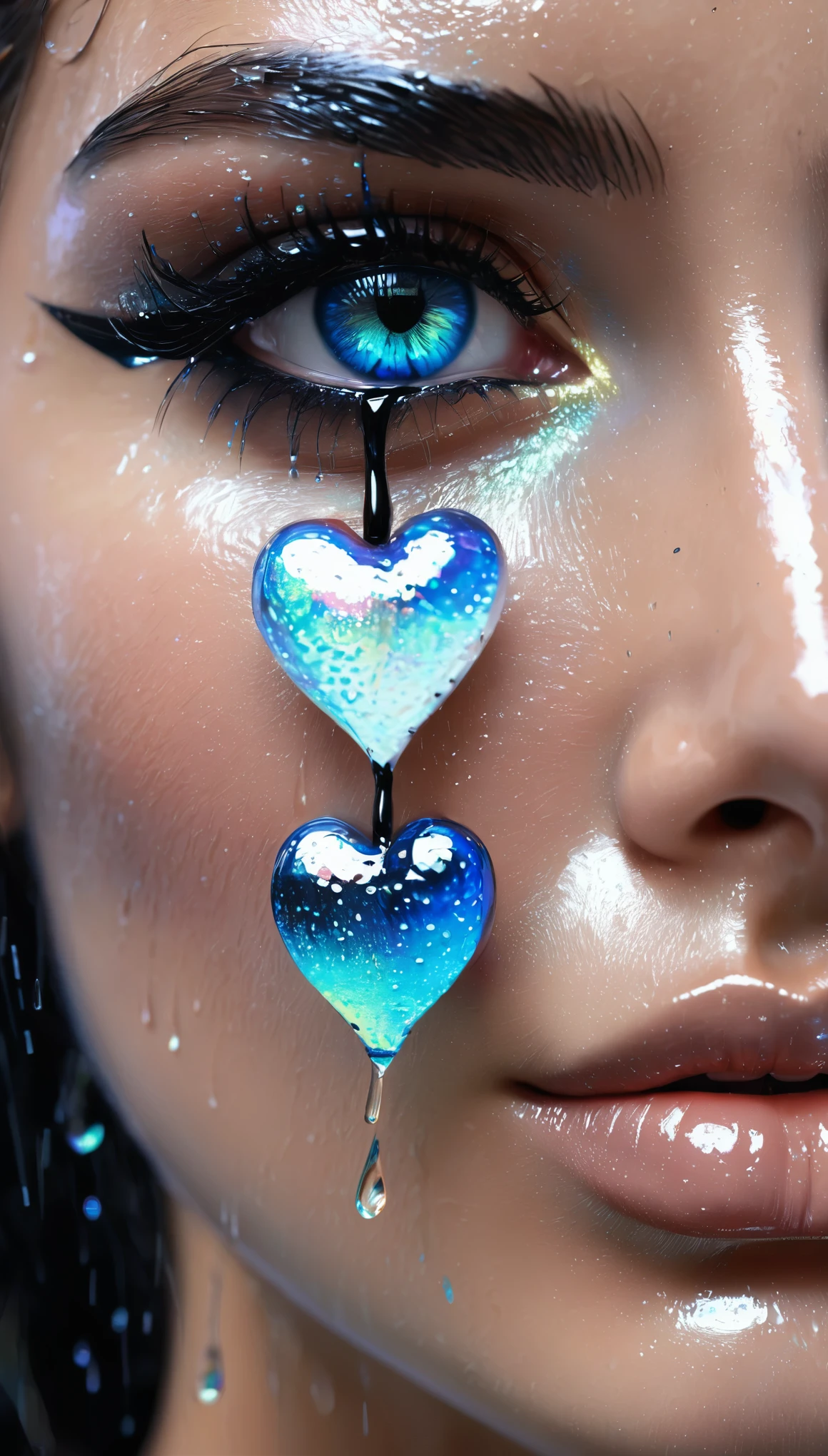 , dos chicas abrazadas bajo la lluvia con el corazon roto, super detailed rendering style, brillo, azul, negro, cepillar, surreal oil painting, ojos brillantes, Tears, llanto, ojos llorosos, primer plano de la cabeza, perspectiva, Efecto Tyndall, gotitas de lluvia en la noche, Mother of pearl iridescence, holographic white, fondo negro,