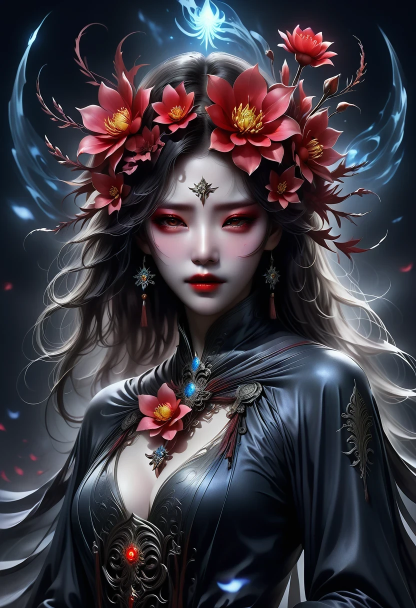 Lycorisradiata,Charming flower of the other side,Mysterious Manzhu Shahua,A bloody ghost flower blooming at the gate of hell,Leading the soul to the afterlife,Evil charm,Flirtatious,uncanny,dark fantasy style art, dark flower shaman, dark fantasy concept art, bloodborne concept art, dark concept art, Feiyu looking for flowers, Diablo digital concept art, dark fantasy art style, Dark flowers, 🌺 CG Society, bloodborne art, photorealistic dark concept art, Concept film, Ruben Tan