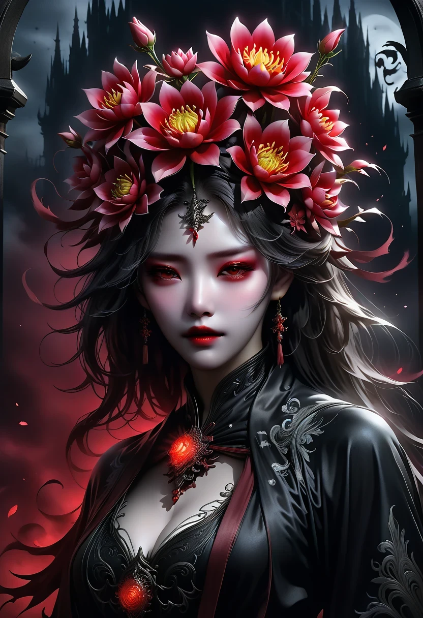 Lycorisradiata,Charming flower of the other side,Mysterious Manzhu Shahua,A bloody ghost flower blooming at the gate of hell,Leading the soul to the afterlife,Evil charm,Flirtatious,uncanny,dark fantasy style art, dark flower shaman, dark fantasy concept art, bloodborne concept art, dark concept art, Feiyu looking for flowers, Diablo digital concept art, dark fantasy art style, Dark flowers, 🌺 CG Society, bloodborne art, photorealistic dark concept art, Concept film, Ruben Tan