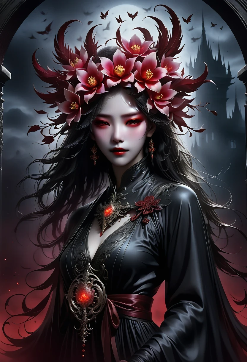 Lycorisradiata,Charming flower of the other side,Mysterious Manzhu Shahua,A bloody ghost flower blooming at the gate of hell,Leading the soul to the afterlife,Evil charm,Flirtatious,uncanny,dark fantasy style art, dark flower shaman, dark fantasy concept art, bloodborne concept art, dark concept art, Feiyu looking for flowers, Diablo digital concept art, dark fantasy art style, Dark flowers, 🌺 CG Society, bloodborne art, photorealistic dark concept art, Concept film, Ruben Tan