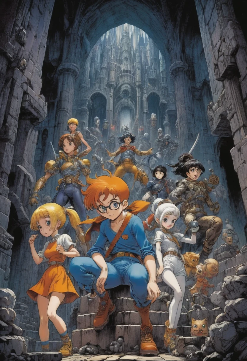 dark Dungeon, Adventure group, by Tsukasa Hojo, best quality, masterpiece, very aesthetic, perfect composition, intricate details, ultra-detailed