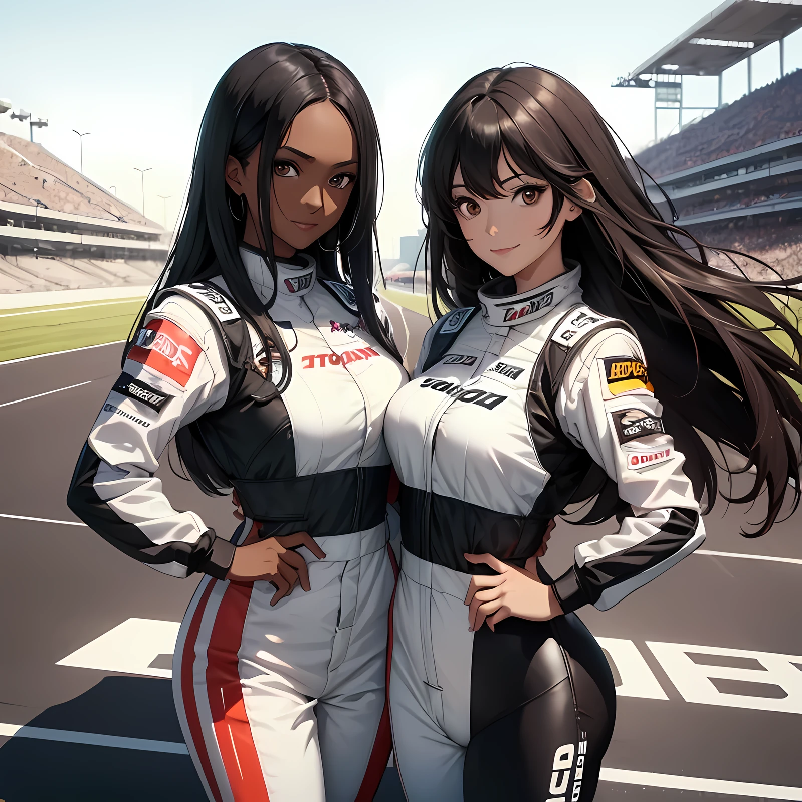 one 30 years old girl with dark skin and long black hair and brown eyes, one other 30 years old girl with light skin and long brown hair, they are wearing race driver suit, smiling, high res, ultrasharp, 8K, race track background