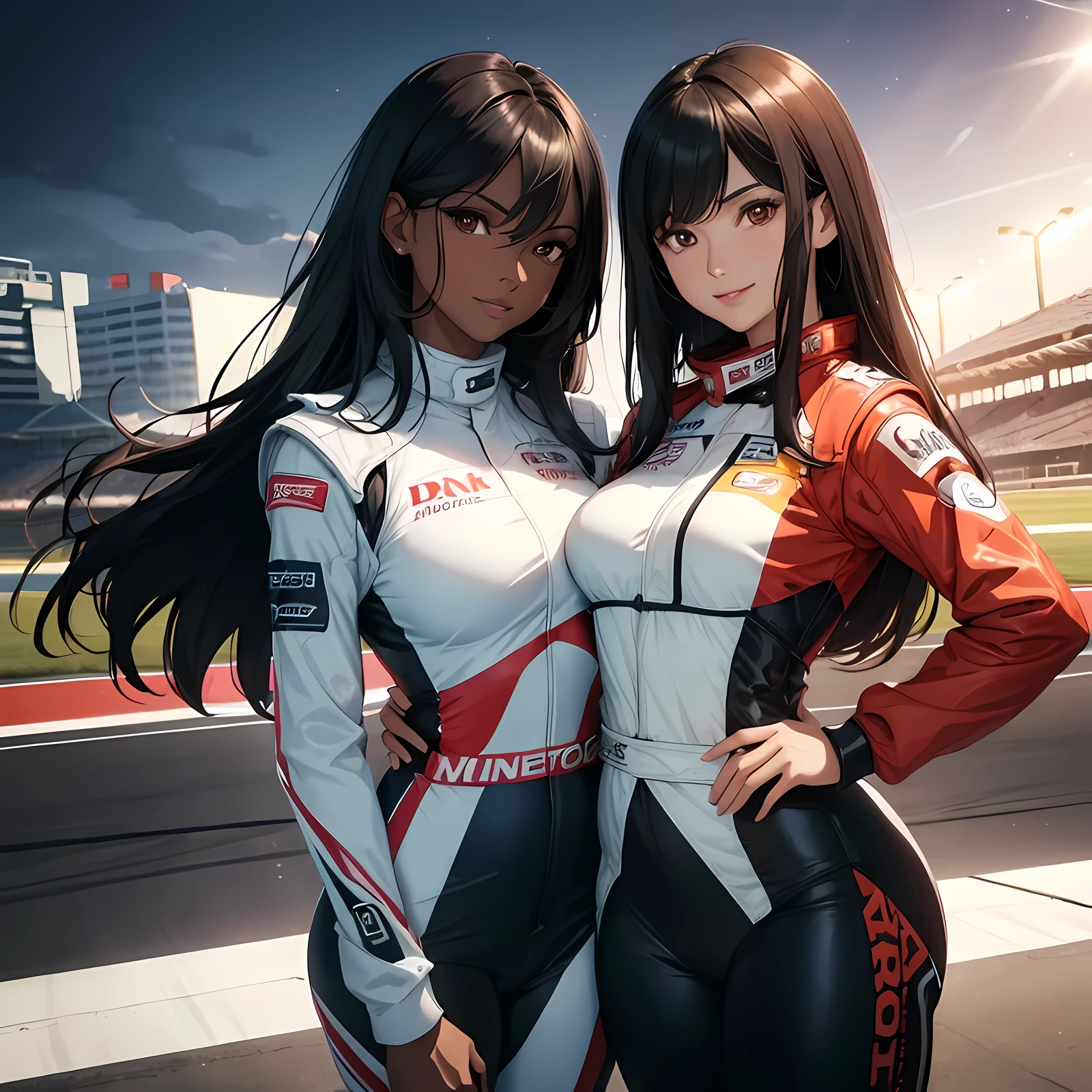 one 30 years old girl with dark skin and long black hair and brown eyes, one other 30 years old girl with light skin and long brown hair, they are wearing race driver suit, smiling, high res, ultrasharp, 8K, race track background