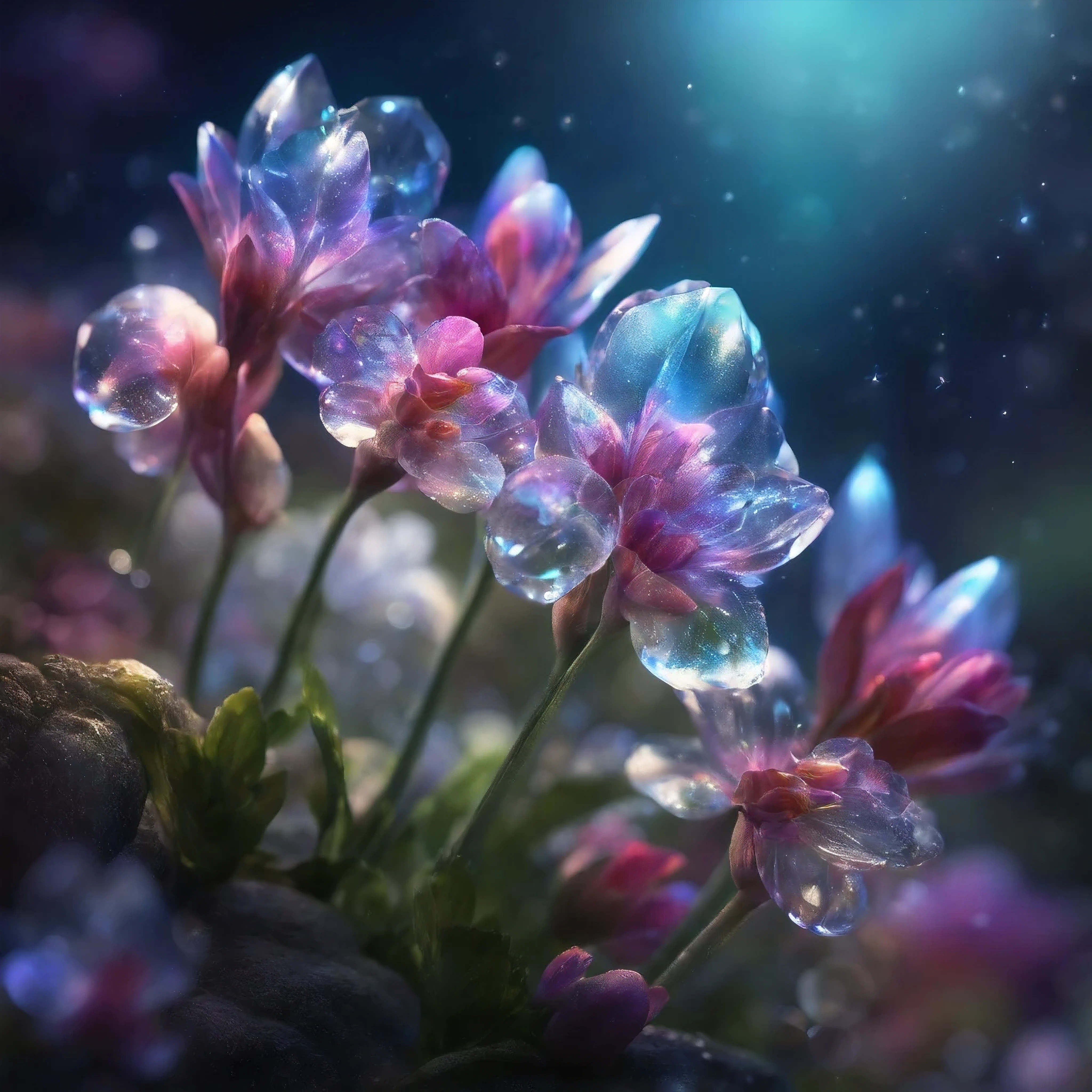 crystal spring flowers, fantasy, galaxy, transparent, sparkling, sparkling, brilliant, rich and colorful, amazing photography, dramatic lighting, photorealism, Super detailed, 4k, depth of field, high resolution