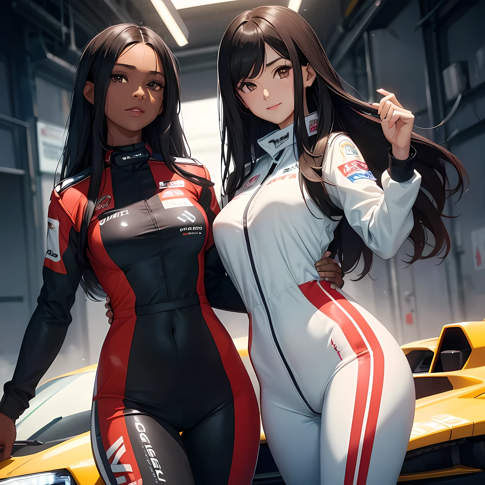 one 30 years old girl with dark skin and long black hair and brown eyes, one other 30 years old girl with light skin and long brown hair, they are wearing race driver suit, smiling, high res, ultrasharp, 8K, garage background