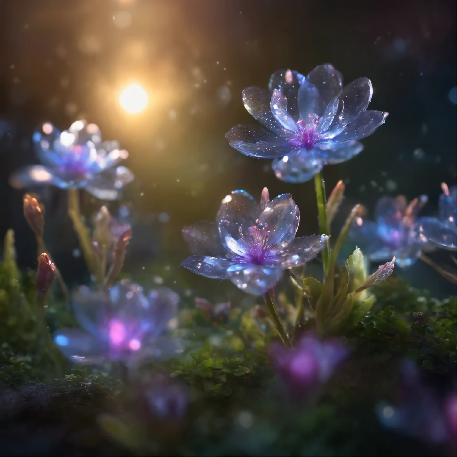 crystal spring flowers, fantasy, galaxy, transparent, sparkling, sparkling, brilliant, rich and colorful, amazing photography, dramatic lighting, photorealism, Super detailed, 4k, depth of field, high resolution