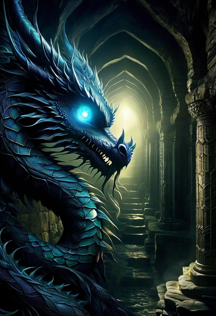  Mysterious dragon eye dragon lives in the dungeon(Scenes with dungeons)The mysterious dragon eye shines mysteriously in the darkness，Hidden wisdom and power of the dragon，

            Create a mysterious and sacred atmosphere。 Magical mysterious fantasy highly detailed digital art, dragon artwork, High-detail digital art, sacred atmosphere, intricate and full of mystery, local master Gao Pinjia&#39;s high-definition art work, mysterious atmosphere of light and shadow art, anatomically correct