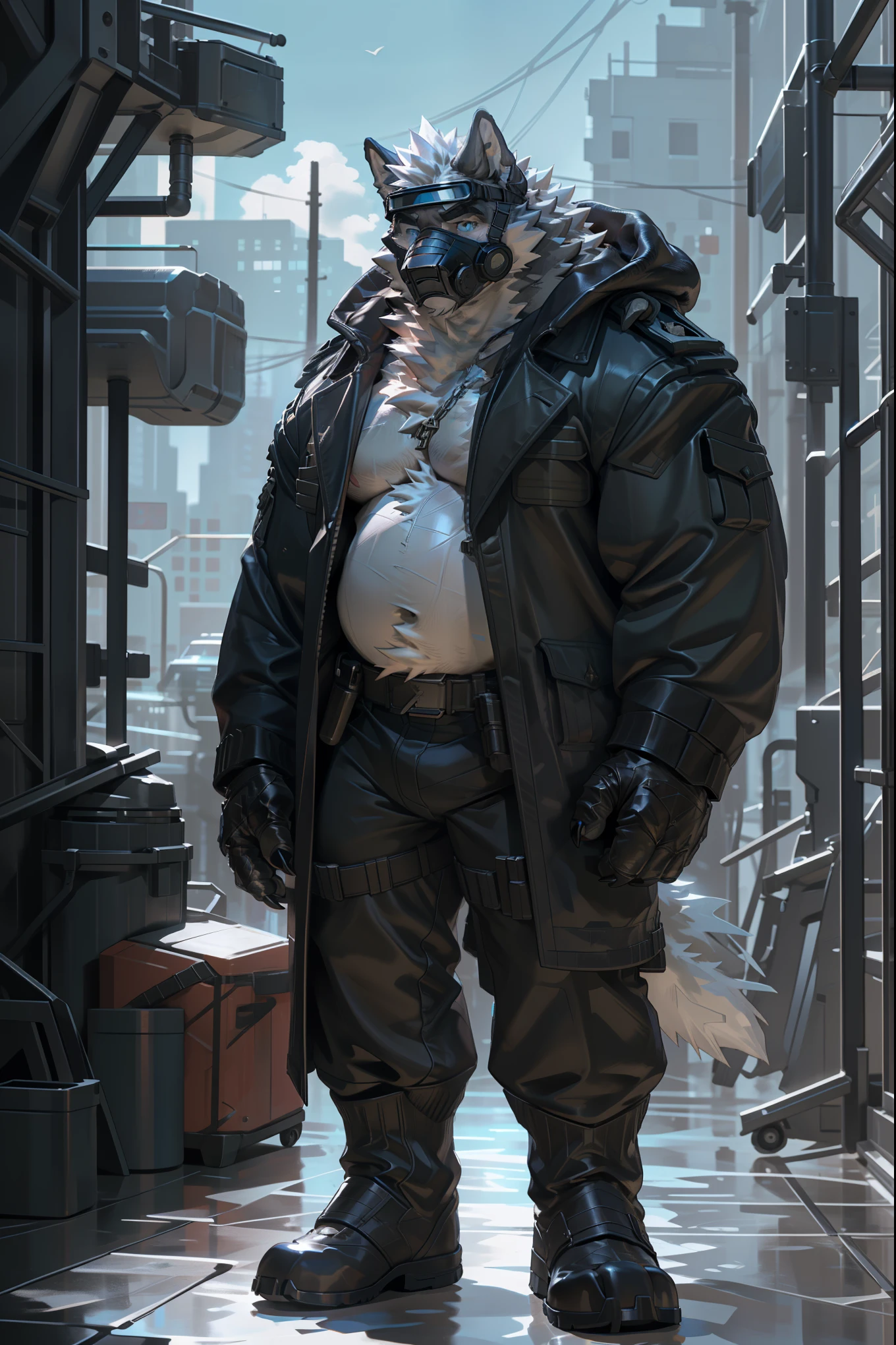 (by taran fiddler), (by darkgem:0.8), (by chunie:1), masterpiece, clothing, coat, trenchcoat, portrait, serious, looking at viewer, (javid:1.2), 4k, ultra detail, full body, grey furry body, male, solo, anthro wolf, detailed gas-mask, mechanical jawline, samurai mask , no eyes, eyes covered, blue eyes, wolf eyes, gas-mask face, mask teeth, mask tubes, mask grill mouth, mouth tubes, Bane mask, Monster mouth, Von Lycan, face hidden, eyes hidden, gas mask wolf, face covered by gas mask, no shirt, not wearing shirt, [no shirt],furry chest, huge chest, furry stomach, firm stomach, furry body, chiseled furry, detailed goggles, no eyebrows, face hidden, welding goggles, dark round sunglasses, dark goggles, black goggles, detailed eye goggles, epic, grey fur, white hair, perfect hands/ gloved hands, arms at sides, metal claw tips, facing camera, very tall, muscular wolf , No Horns, NO hat, towering, hulking tall, huge body, hulk, monstrous, huge muscles, wide shoulders, black leather, wearing a black leather trench coat, WW2 military style coat, long leather coat, no shirt, black leather gloves, metal finger claws, no insignia, black leather pants, leather straps on pants, black leather boots, long white hair; long perfect white hair, no shirt, corporate security, Resident Evil, face covered, long white hair, waist length hair, dark knight bane, silver buttons, detailed hands, dark, industrial militaristic background (detailed cyberpunk background at night), cyberpunk 