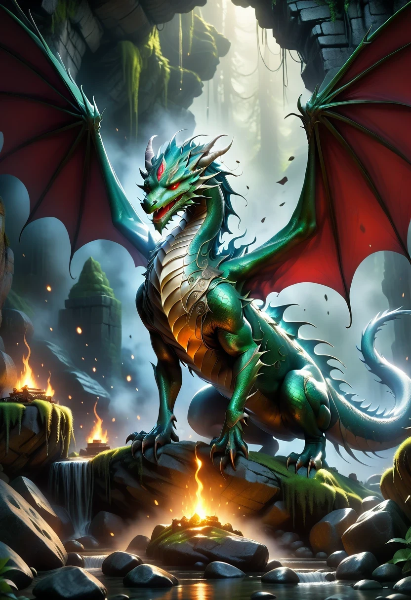 (best quality,4k,8k,highres,masterpiece:1.2),ultra-detailed,(realistic,photorealistic,photo-realistic:1.37),detailed dragon in a dungeon,medieval fantasy,torch-lit underground cavern,ancient stone walls,smoky atmosphere,gleaming treasure,adventurous heroes,battle-ready knight,ominous red eyes,dark and mysterious,dragon's scales and wings,gold coins and jewels,thick chains and rusty shackles,misty breath and fiery flames,dramatic lighting,lush green moss and lichen-covered floor,mythical creatures lurking in the shadows,ancient runes and inscriptions,epic quest for glory and treasure