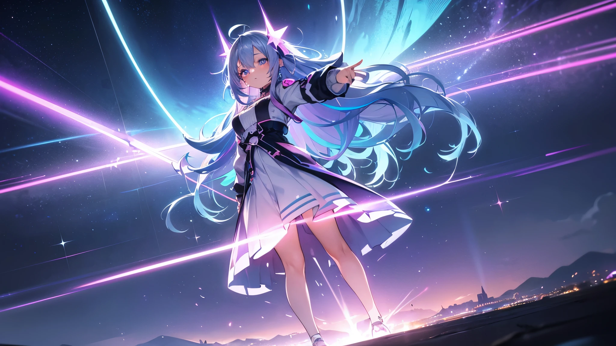 1 girl, 20 year old girl, one person, (Silver blue hair streaked pink purple:1.4), (Gradient sky blue hair ends:1.6), hair strand, absurdly long hair, single sidelock, wavy hair, shiny hair, floating hair, (Illusion deep purple eyes), delicate eyes, aqua eyes, High like real eyes, ((glowing eyes)), makeup, Focus on face, Very detailed facial, hot body, Random environment, Random pose, on the street, looking at the starry night sky, meteor, Technical clothing masterpiece, White extra long skirt, several cross stars beside, Colored lights swirl around the body, (((Extra super huge colorful extra super complex multiple glowing magic circle upright on the back of the head))), cyberpunk, full body shot, realism, chiaroscuro, (glowing light), sparkle, ray tracing, cinematic lighting, Futurism, motion blur, Ultra-Wide Angle, god rays, atmospheric perspective, best quality, UHD, super detail, masterpiece, highres, ccurate, retina