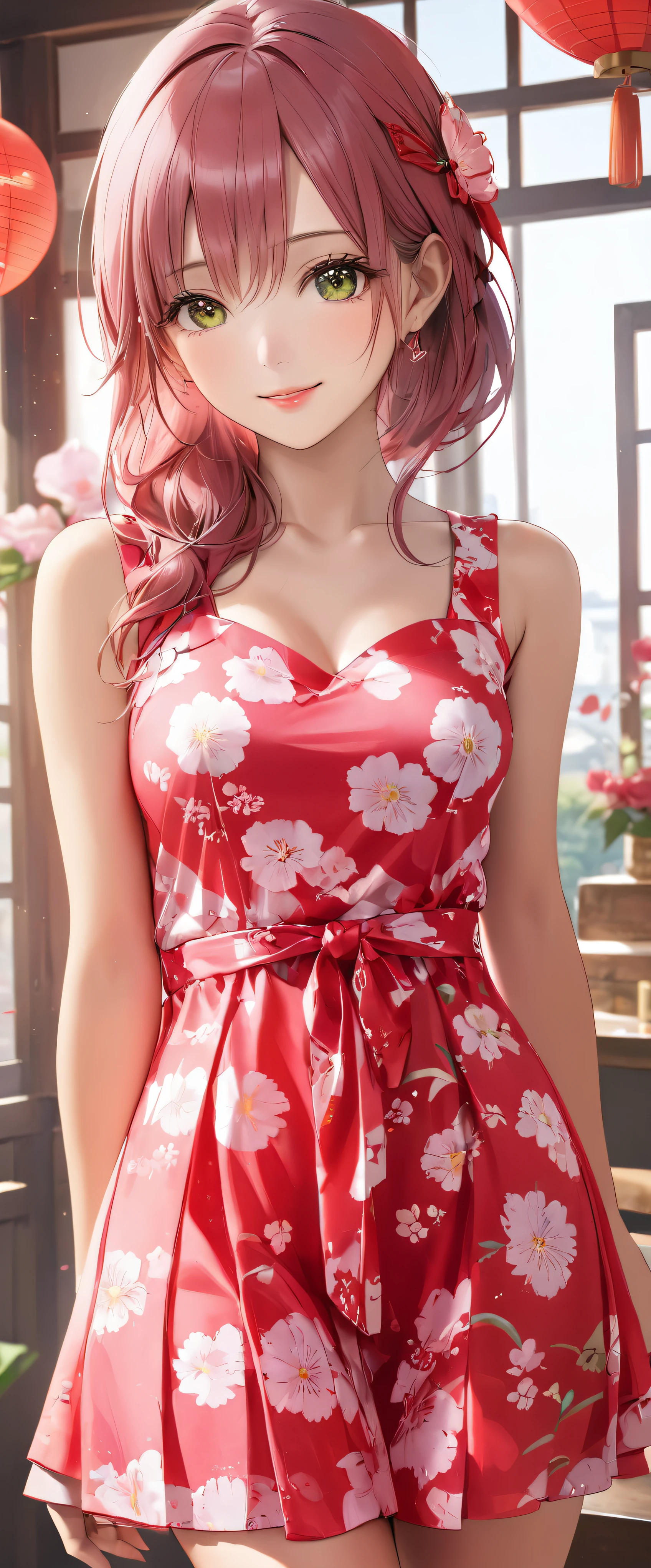 (masterpiece,highest quality,超A high resolution),japanese woman, (((Very beautiful 25 year old girl))), pretty girl、look at the photographer、 ((beautiful low ponytail)), super cute face, glossy lips, double eyelids in both eyes,natural smile、 natural makeup, long eyelashes, Shiny and smooth hair、center image, perfect limbs, perfect anatomy,(((dress))、party venue,