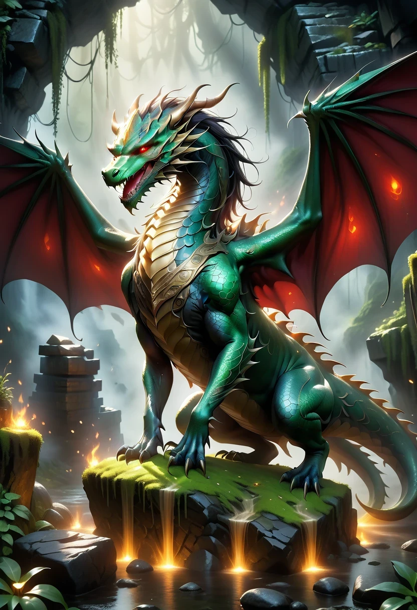 (best quality,4k,8k,highres,masterpiece:1.2),ultra-detailed,(realistic,photorealistic,photo-realistic:1.37),detailed dragon in a dungeon,medieval fantasy,torch-lit underground cavern,ancient stone walls,smoky atmosphere,gleaming treasure,adventurous heroes,battle-ready knight,ominous red eyes,dark and mysterious,dragon's scales and wings,gold coins and jewels,thick chains and rusty shackles,misty breath and fiery flames,dramatic lighting,lush green moss and lichen-covered floor,mythical creatures lurking in the shadows,ancient runes and inscriptions,epic quest for glory and treasure