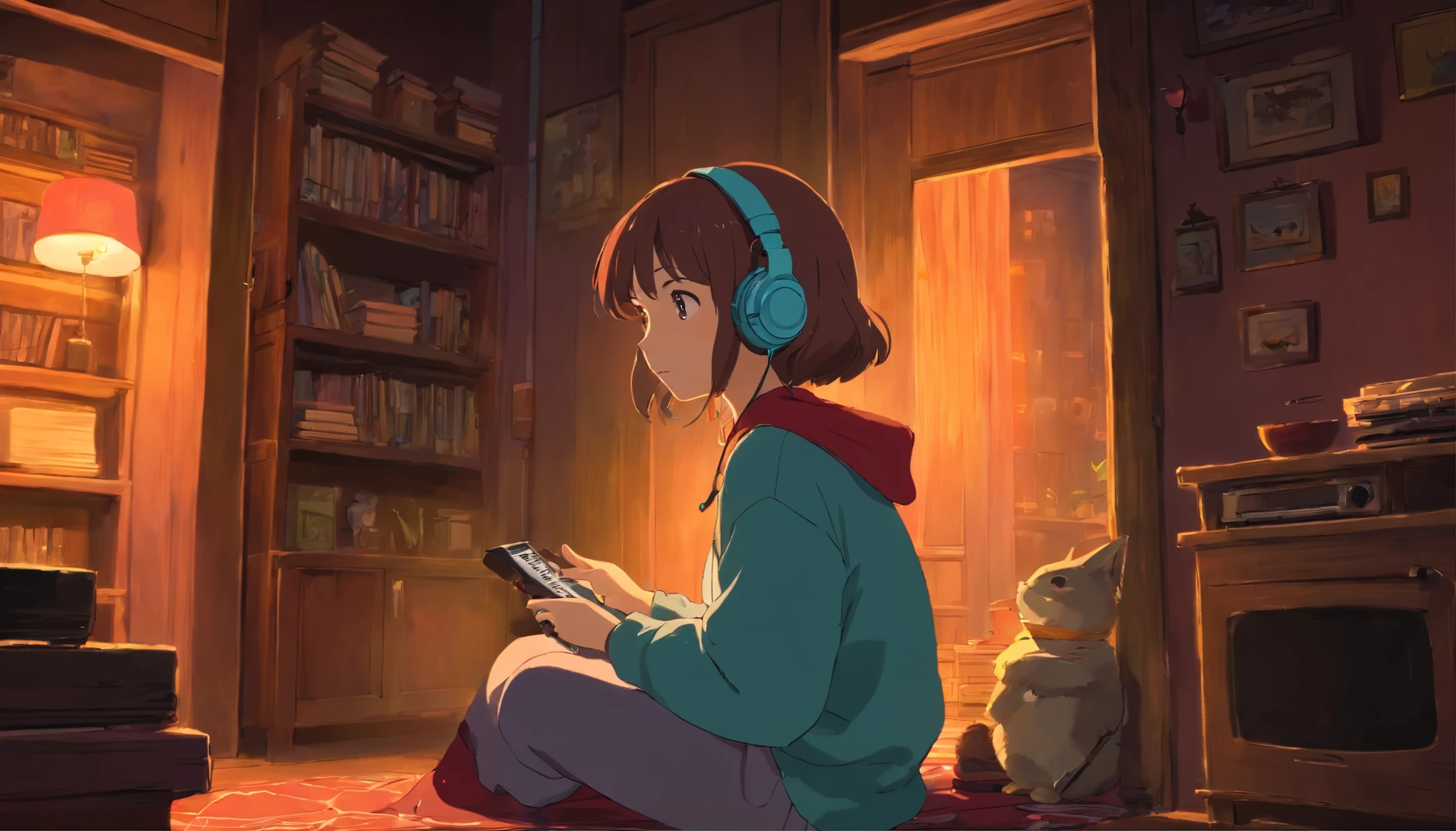 night、Girl listening to music in a cozy room, Using headphones, Anime-style 2D, lo-fi, hd, dark environment