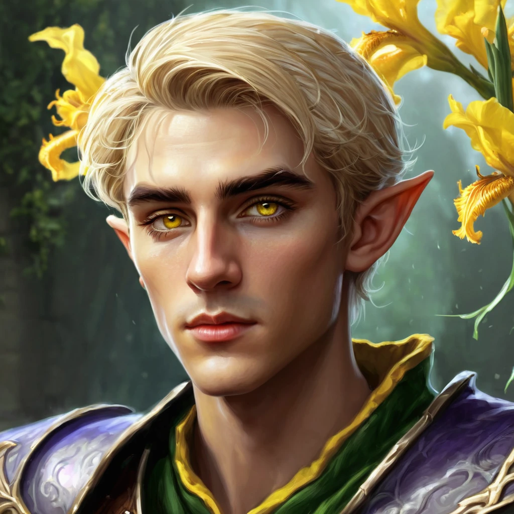 Dungeons & Dragons, aesthetic, dungeons and dragons, paladin portrait of a 2 4 years old male evil elf with short dark blonde hair, yellow irises!! elf, rogue, sharp focus, d & d, fantasy, intricate, elegant, highly detailed, digital painting, art