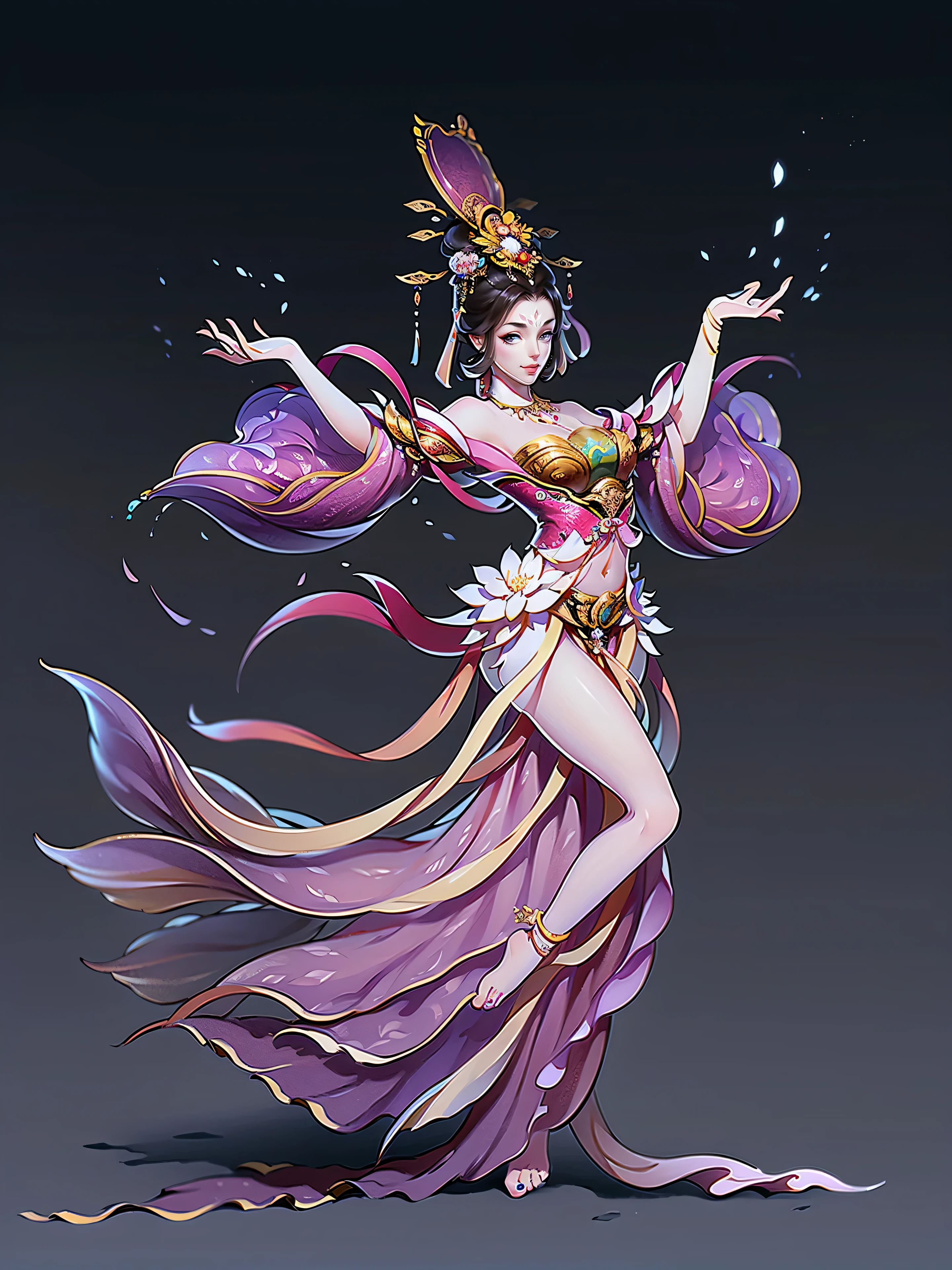 （masterpiece，super detailed，HD details，highly detailed art）1 girl，whole body，barefoot，Feitian，bare shoulders，Show belly，jewelry，xianxia，Gorgeous dance costumes，elegant，elegant，Highly detailed character designs from East Asia，Game character costume design，simple，ultra high resolution, sharp focus, epic work, masterpiece, (Very detailed CG unified 8k wallpaper)，pretty face，beautiful eyes，HD details