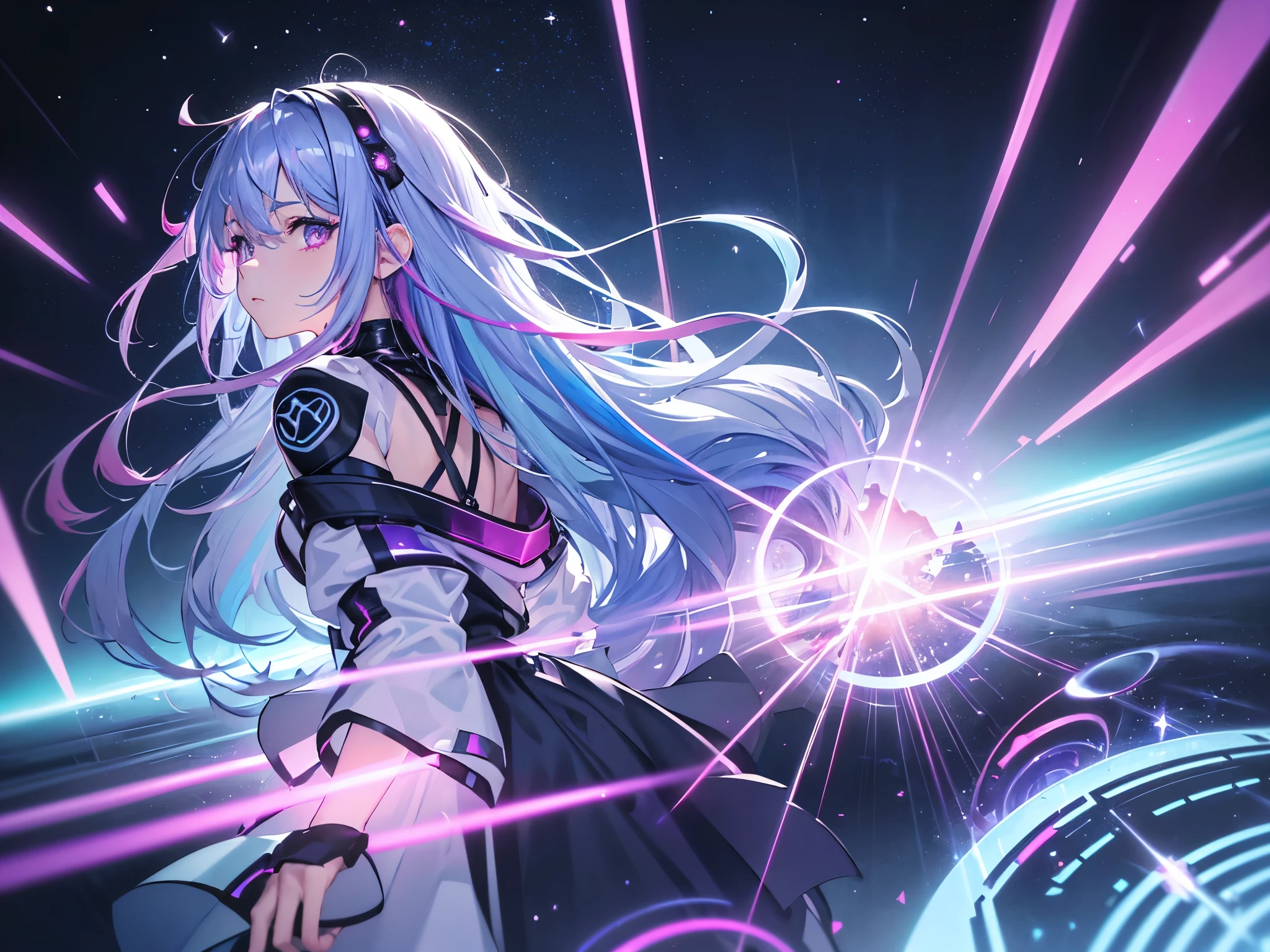 1 girl, 20 year old girl, one person, (Silver blue hair streaked pink purple:1.4), (Gradient sky blue hair ends:1.6), hair strand, absurdly long hair, single sidelock, wavy hair, shiny hair, floating hair, (Illusion deep purple eyes), delicate eyes, aqua eyes, High like real eyes, ((glowing eyes)), makeup, Focus on face, Very detailed facial, hot body, Random environment, Random pose, on the street, looking at the starry night sky, meteor, Technical clothing masterpiece, White extra long skirt, several cross stars beside, Colored lights swirl around the body, (((Extra super huge colorful extra super complex multiple glowing magic circle upright on the back of the head))), cyberpunk, full body shot, realism, chiaroscuro, (glowing light), sparkle, ray tracing, cinematic lighting, Futurism, motion blur, Ultra-Wide Angle, god rays, atmospheric perspective, best quality, UHD, super detail, masterpiece, highres, ccurate, retina