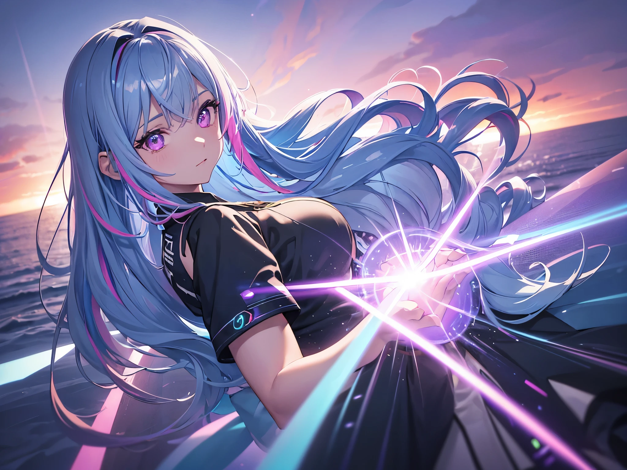 1 girl, 20 year old girl, one person, (Silver blue hair streaked pink purple:1.4), (Gradient sky blue hair ends:1.6), hair strand, absurdly long hair, single sidelock, wavy hair, shiny hair, floating hair, (Illusion deep purple eyes), delicate eyes, aqua eyes, High like real eyes, ((glowing eyes)), makeup, Focus on face, Very detailed facial, hot body, Random environment, Random pose, on the street, looking at the starry night sky, meteor, Technical clothing masterpiece, White extra long skirt, several cross stars beside, Colored lights swirl around the body, (((Extra super huge colorful extra super complex multiple glowing magic circle upright on the back of the head))), cyberpunk, full body shot, realism, chiaroscuro, (glowing light), sparkle, ray tracing, cinematic lighting, Futurism, motion blur, Ultra-Wide Angle, god rays, atmospheric perspective, best quality, UHD, super detail, masterpiece, highres, ccurate, retina