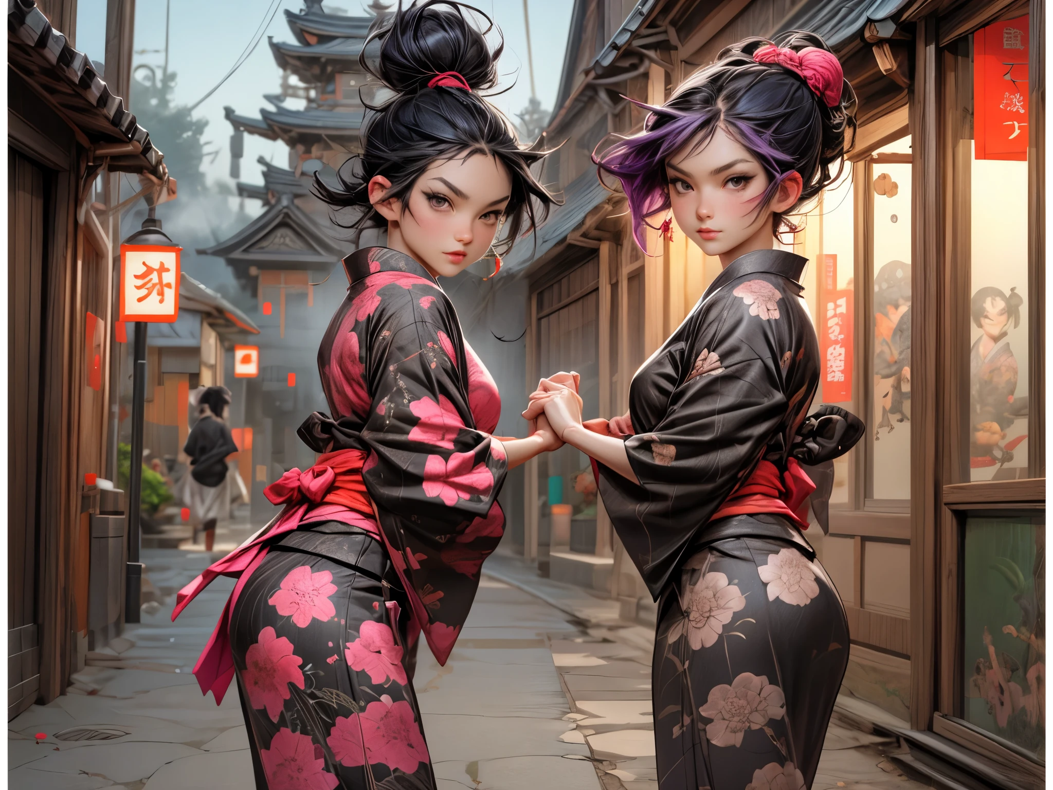 Masterpiece, 4K, detalied, Beautiful, Large breasts, Wide hips, Thick thighs, Long pink hair, Blushing, heavy  makeups, pretty, Short hair, Earrings, jewelry, Bracelet, (((Pink hair, [PERFECT REALISTIC EYES]))), ultra realistic 8k cg, Perfect face, Flawless, Clean, Masterpiece, Professional artwork, famous art, Cinematic lighting, Perfect face, Beautiful face, Beautiful eyes, (((Perfect female body, Narrow waist))), Real, intricately details, Delicate pattern, Sexy, Charming, Seductive, Seductive, Erotic, Charming, hair adornments, Earrings, Bracelet, Armband, looking at viewert, komono, flowery kimono, red and black kimono, Flowing hair, wind swept hair, Long bangs, Liu Hai Walnut
