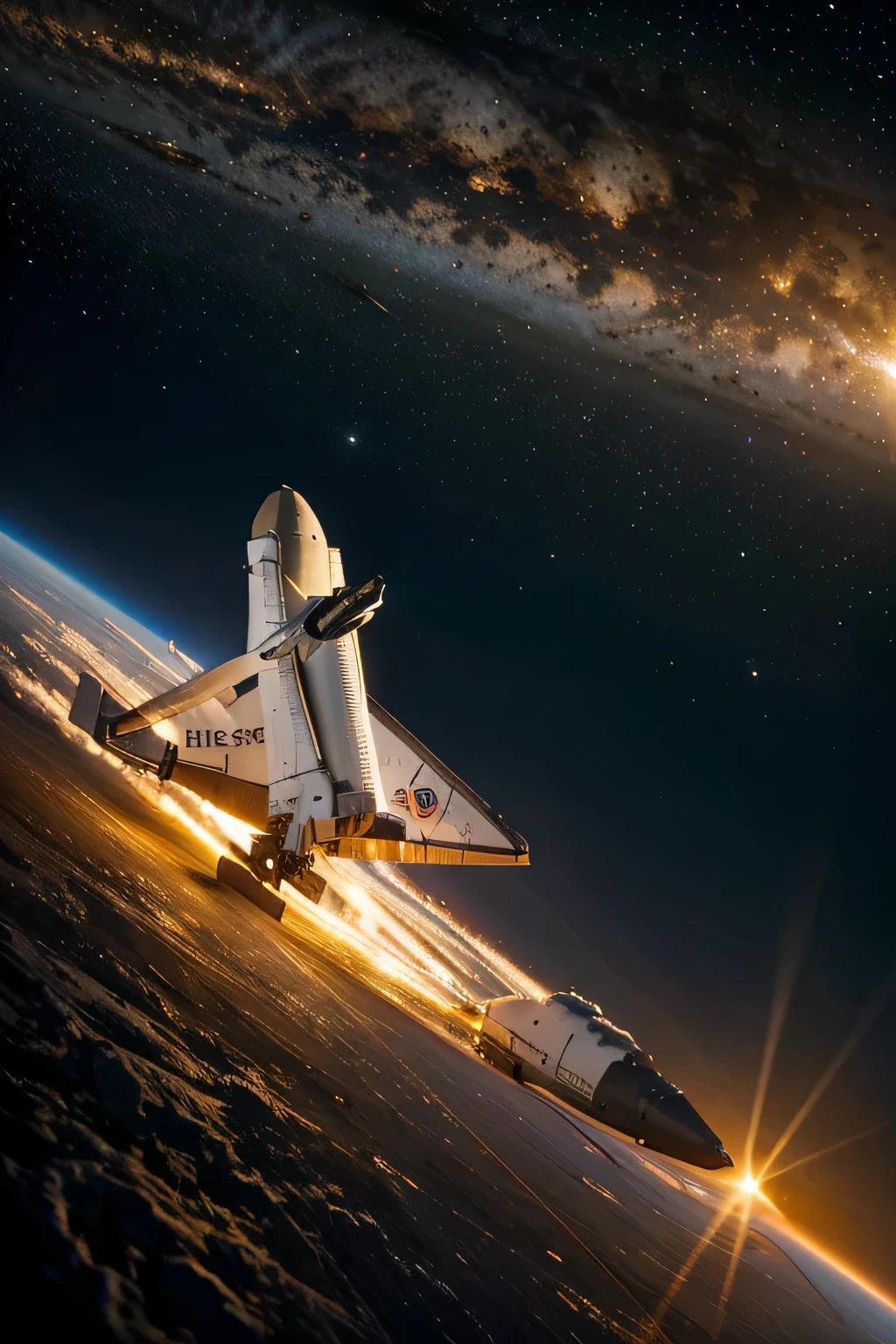 NASA space shuttle traveling at the speed of light with vibrant colors and sharp, clear image details and side view
