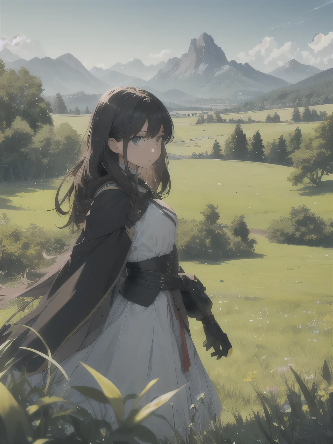 In a green meadow stands a girl leading a group of knights.
BREAK
With a brave expression, she guides them towards their destination.
BREAK
Behind her, a green forest stretches out and beyond that, mountains rise in the distance.
BREAK
The most suitable effect for this scene would be a watercolor painting technique to capture the softness of the meadow and the fluidity of the movement.