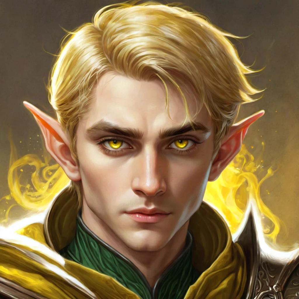 Dungeons & Dragons, aesthetic, dungeons and dragons, paladin portrait of a 2 4 years old male evil elf with short dark blonde hair, yellow irises!! elf, rogue, sharp focus, d & d, fantasy, intricate, elegant, highly detailed, digital painting, art