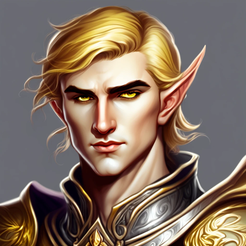 Dungeons & Dragons, aesthetic, dungeons and dragons, paladin portrait of a 2 4 years old male evil elf with short dark blonde hair, yellow irises!! elf, rogue, sharp focus, d & d, fantasy, intricate, elegant, highly detailed, digital painting, art