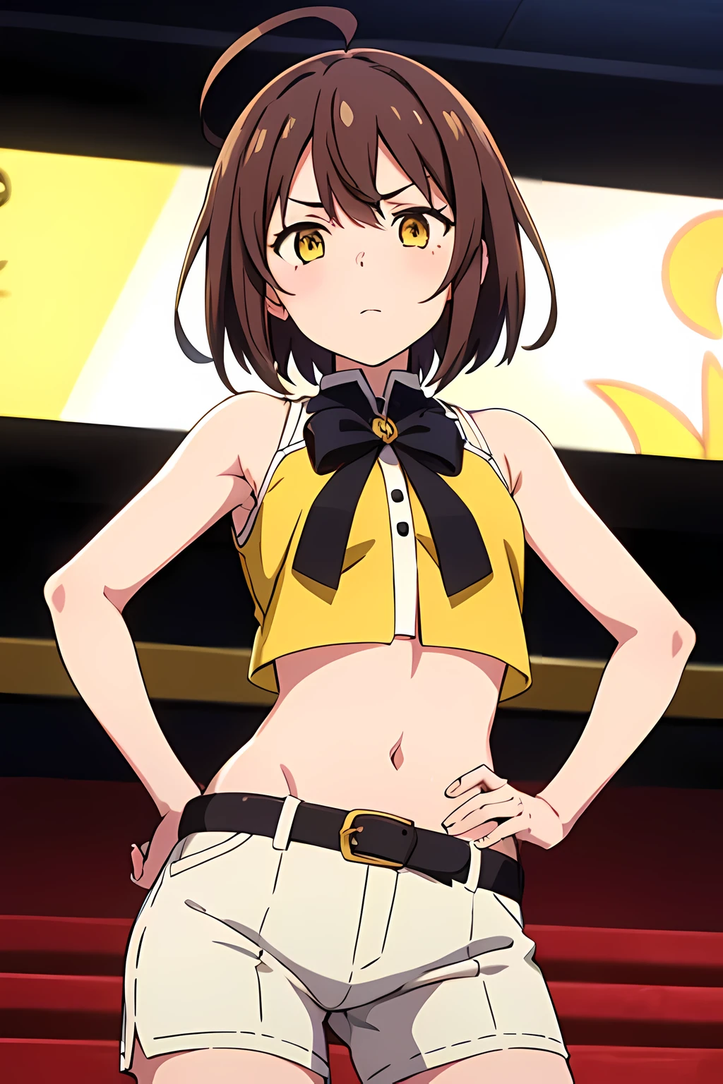 1girl, solo, short hair, brown hair, {ahoge, tsurime, idol clothes}, dynamic pose, hand on own hip, yellow eyes, {masterpiece}, small bust