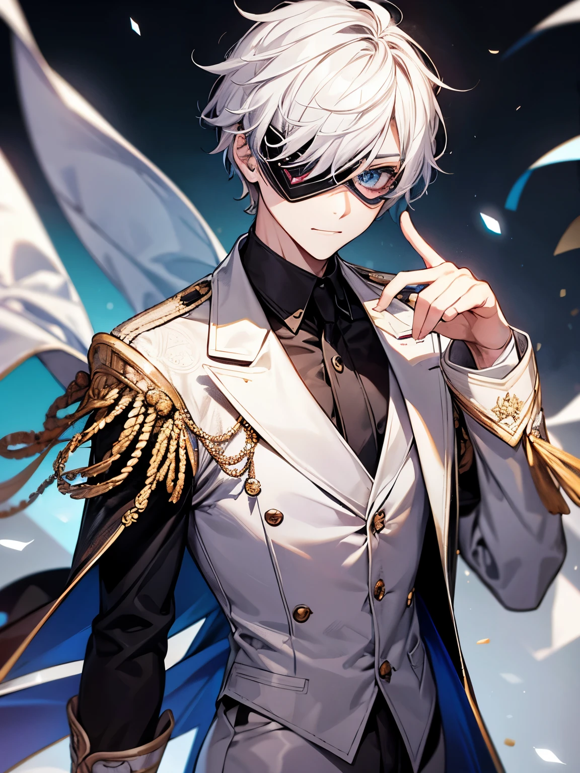 White hair, mysterious, cool, male short hair, ager, masquerade eye mask, masquerade party