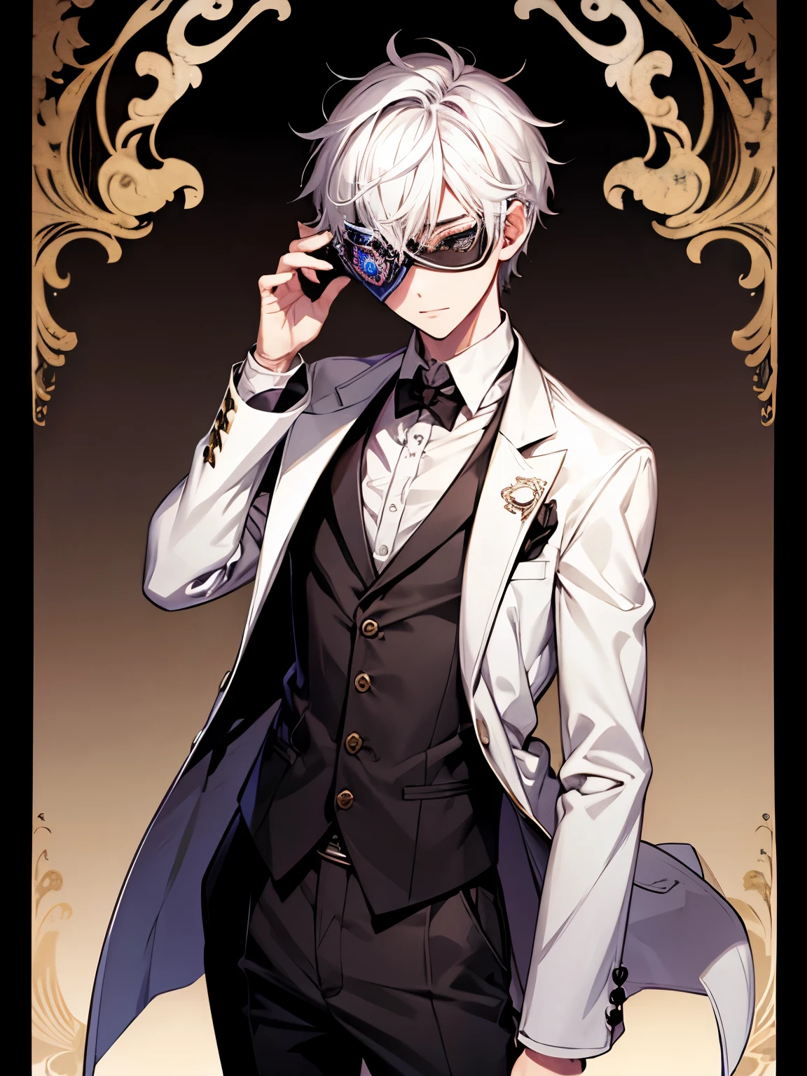 White hair, mysterious, cool, male short hair, teenager, masquerade eye mask, masquerade party