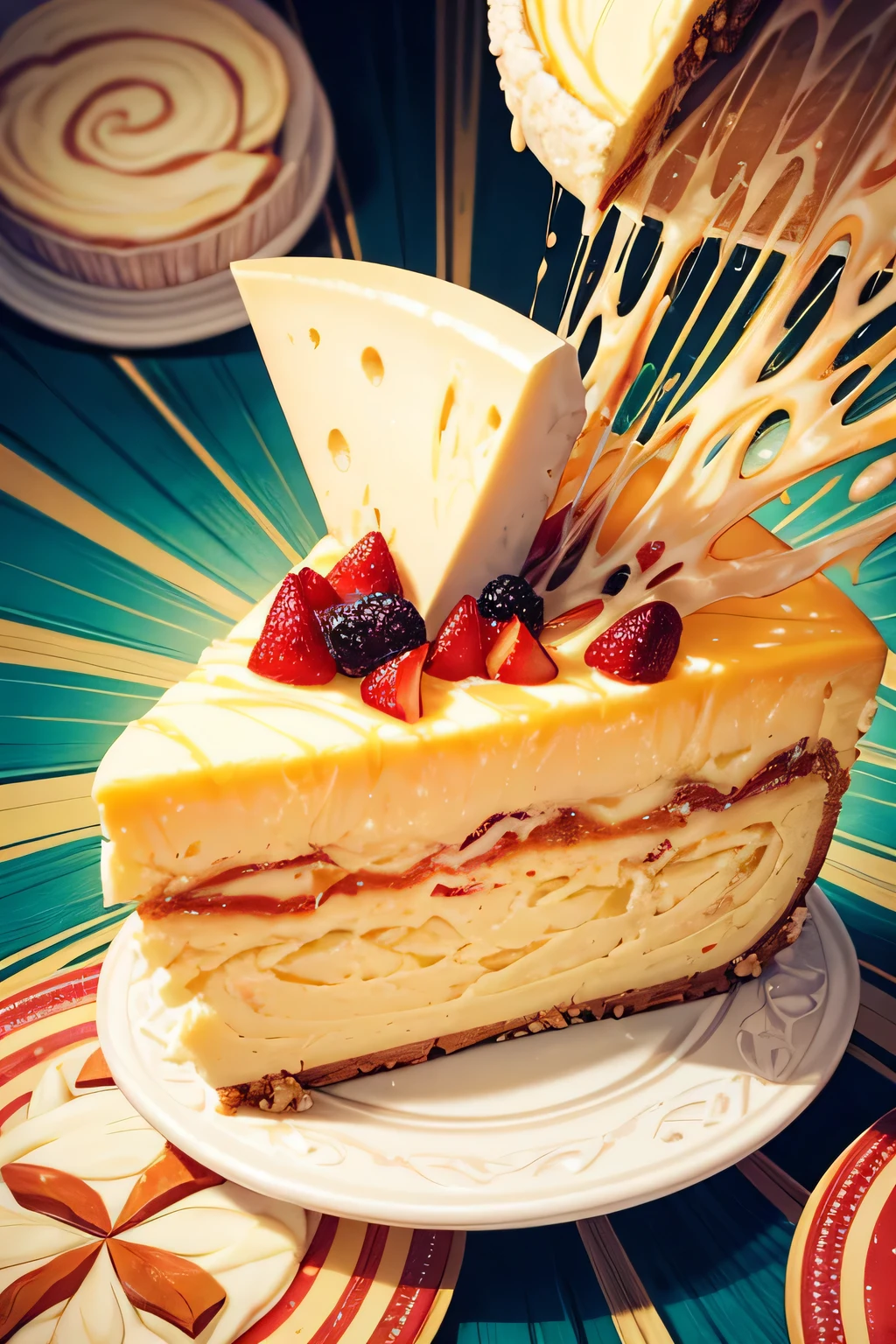 A deliciously decadent cheese cake, with layers of creamy goodness and a perfectly placed slice of animated cheese in the center. The background is a whimsical wonderland of swirling colors and patterns.

