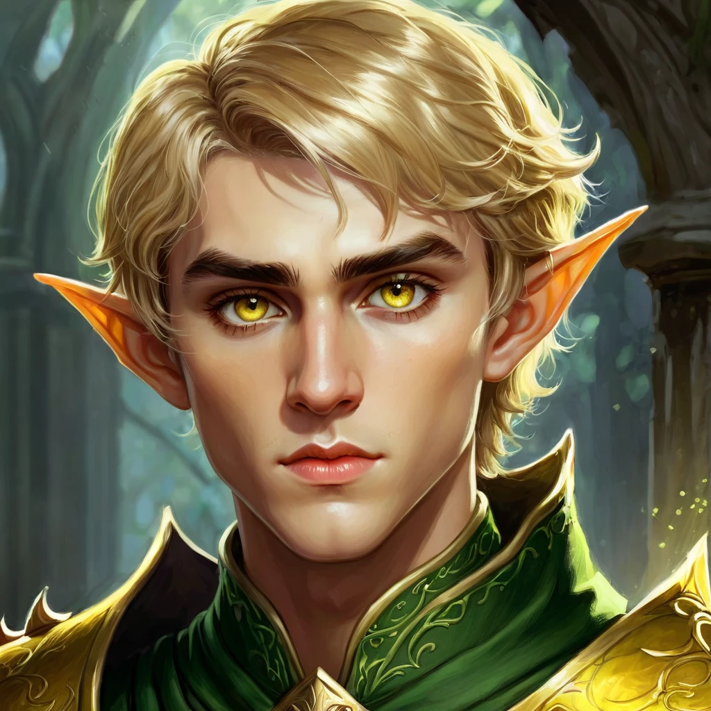 Dungeons & Dragons, aesthetic, dungeons and dragons, paladin portrait of a 2 4 years old male evil elf with short dark blonde hair, yellow irises!! elf, rogue, sharp focus, d & d, fantasy, intricate, elegant, highly detailed, digital painting, art