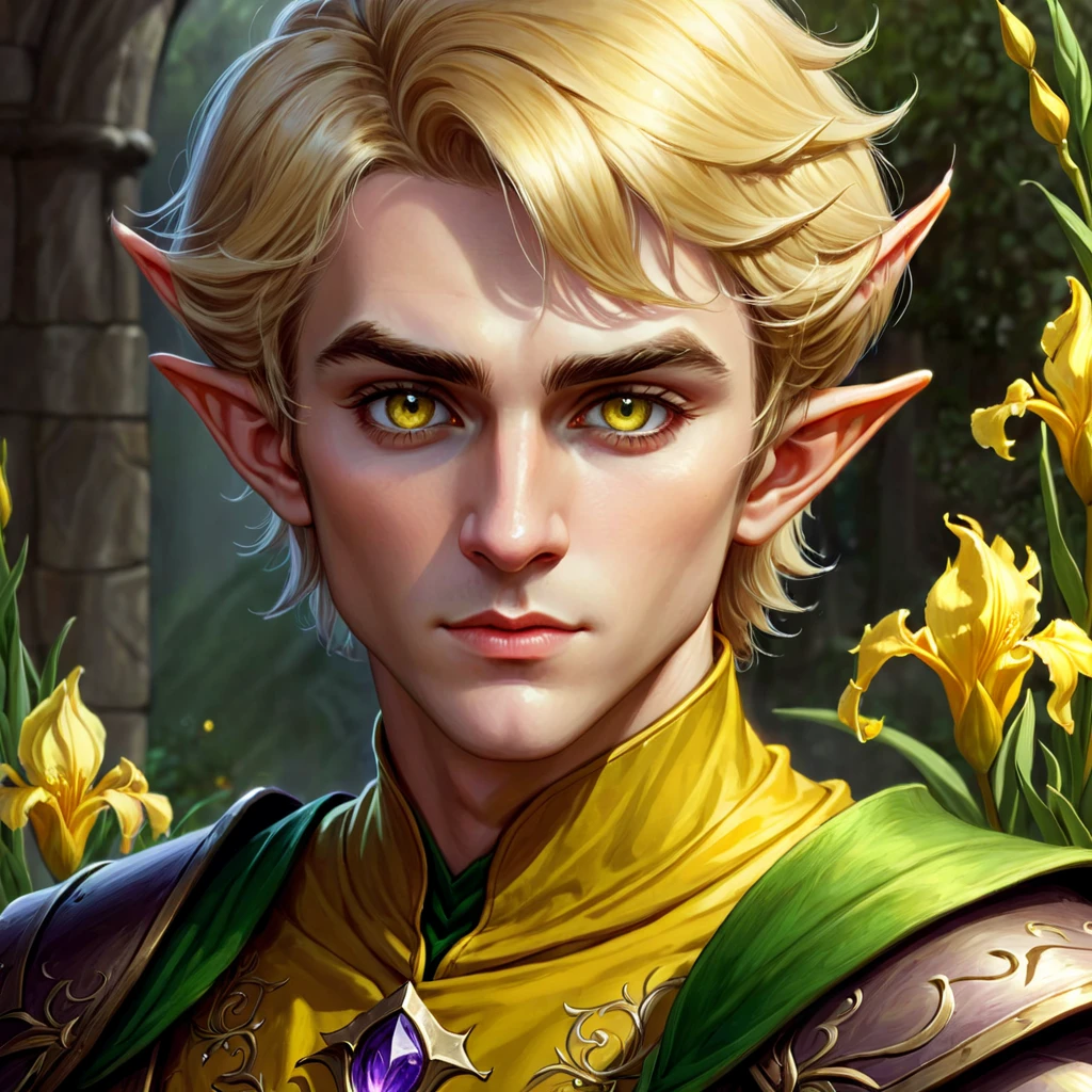 Dungeons & Dragons, aesthetic, dungeons and dragons, paladin portrait of a 2 4 years old male evil elf with short dark blonde hair, yellow irises!! elf, rogue, sharp focus, d & d, fantasy, intricate, elegant, highly detailed, digital painting, art