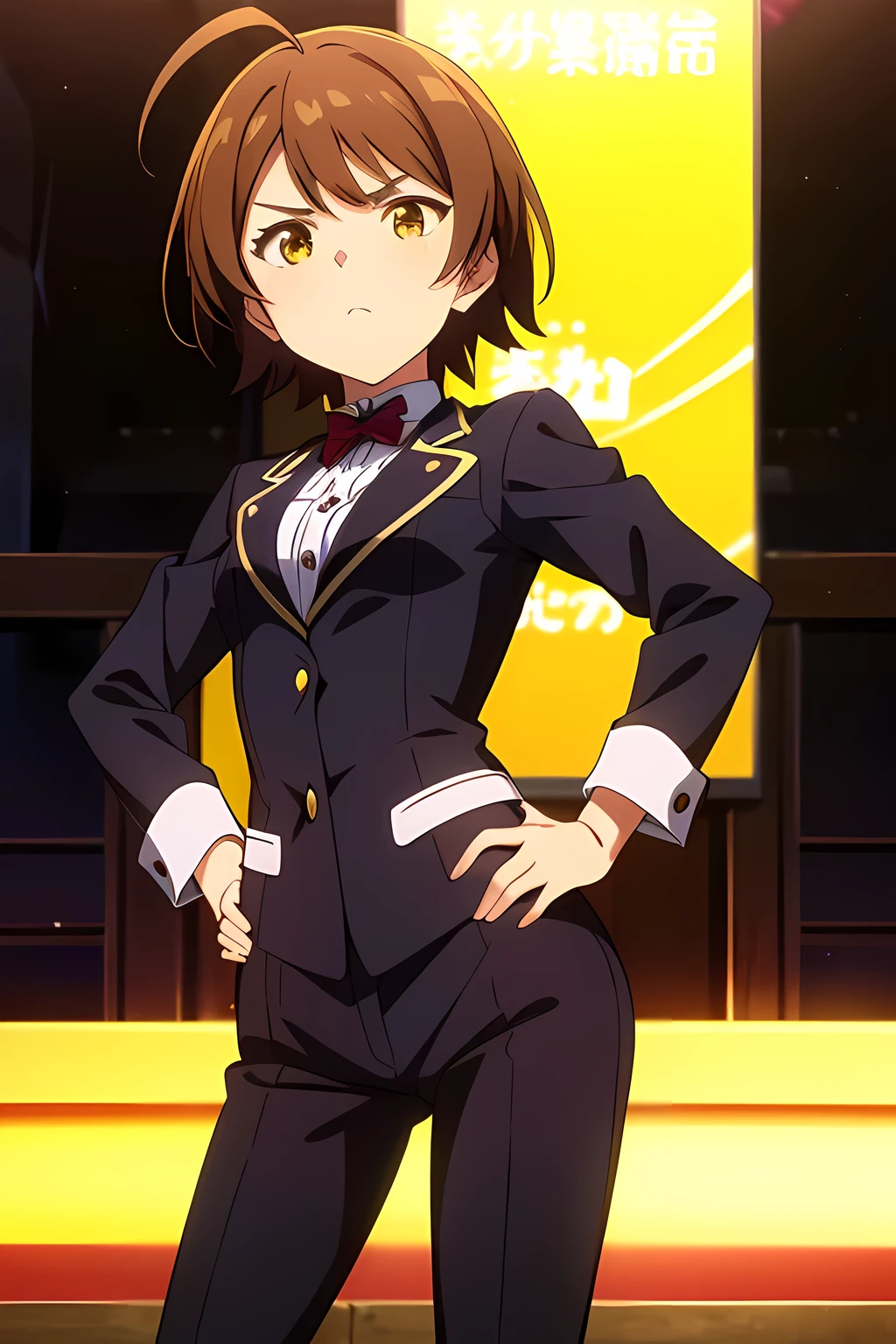 mirishita style, 1girl, solo, short hair, brown hair, {ahoge, tsurime, idol clothes}, dynamic pose, hand on own hip, yellow eyes, {masterpiece}, small bust