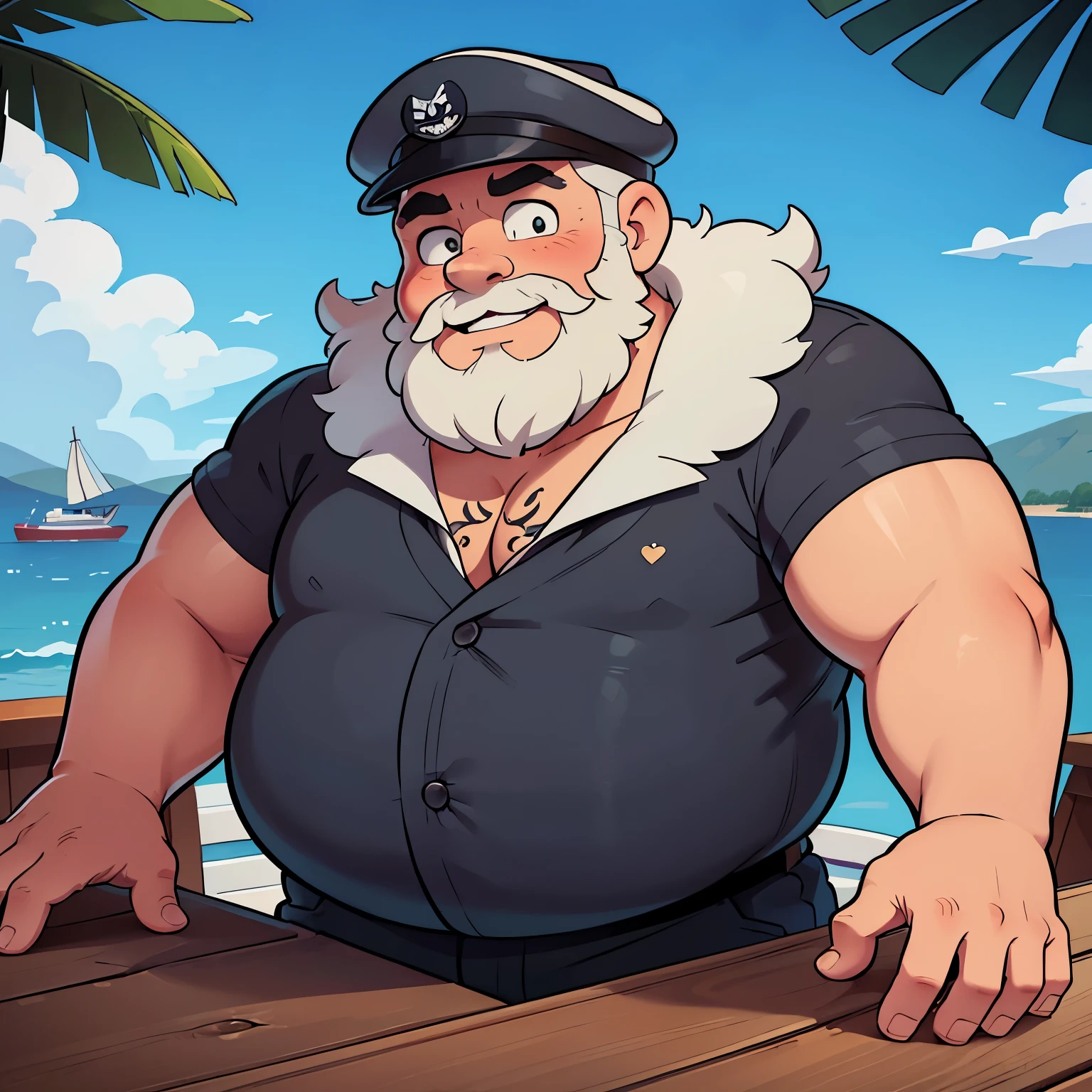 anthro, polar bear:2.4, standing, (in the deck of a modern fishing boat), white boat, ((wearing White shirt and holding a fish rod, pants and boots)), happy mood, chubby, ((standing, wearing sun glasses)), strongman:1.5, (solo:1.8), male, flacid penis:1.7, foreskin, saggy balls, super detailed, best art, 8k, vibrant, (by snowskau), by taran fiddler:1.8, by RedRusker:1.8, art stile, 3D, halfbody:1.2), masterpiece, best quality, half body:1.8, halfbody:1.8,