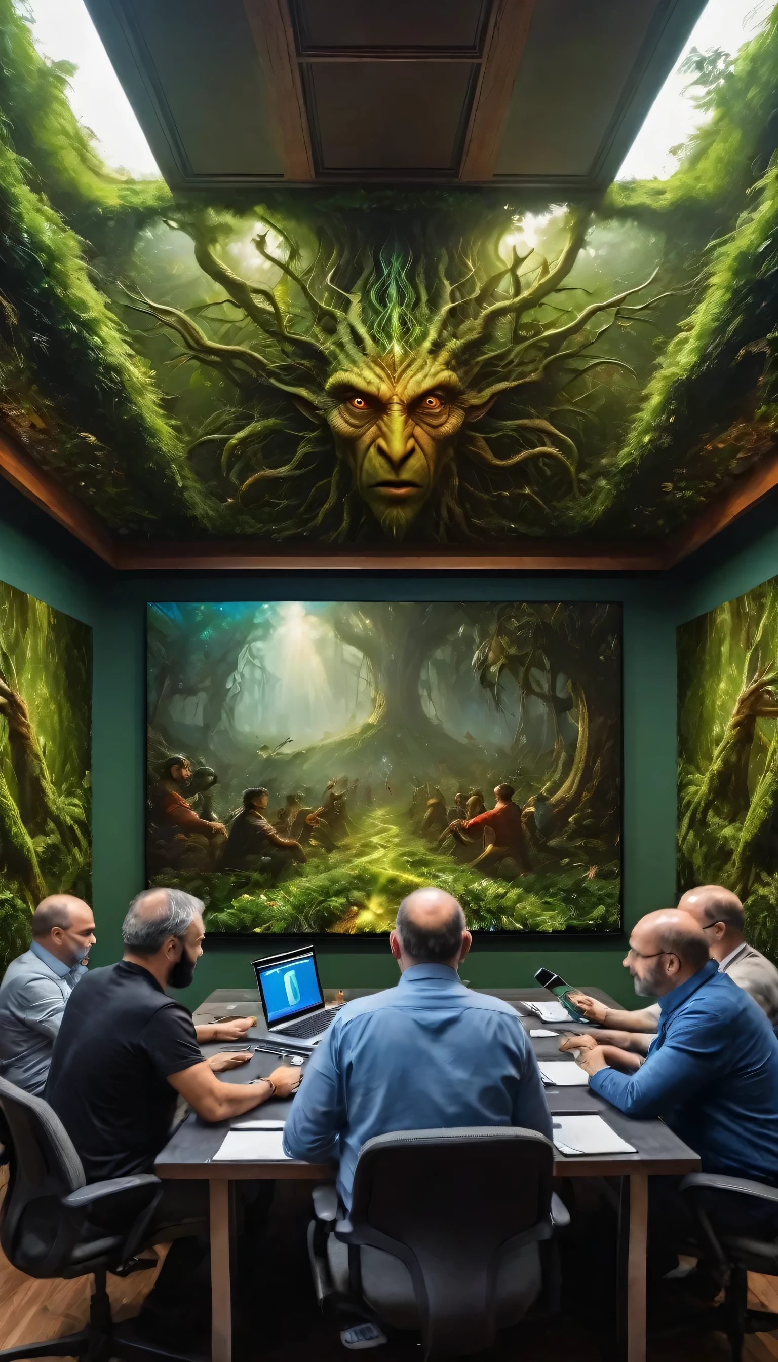 creating a unique style of painting mixing Alessandro sicioldr renaissance expressionism and hyper detailed Wadim Kashin  digital art,human World coalition meeting room,human World coalition meeting about alien-giant-vegetal-hybrid invasion Seen on screens,hyper-surrealism 