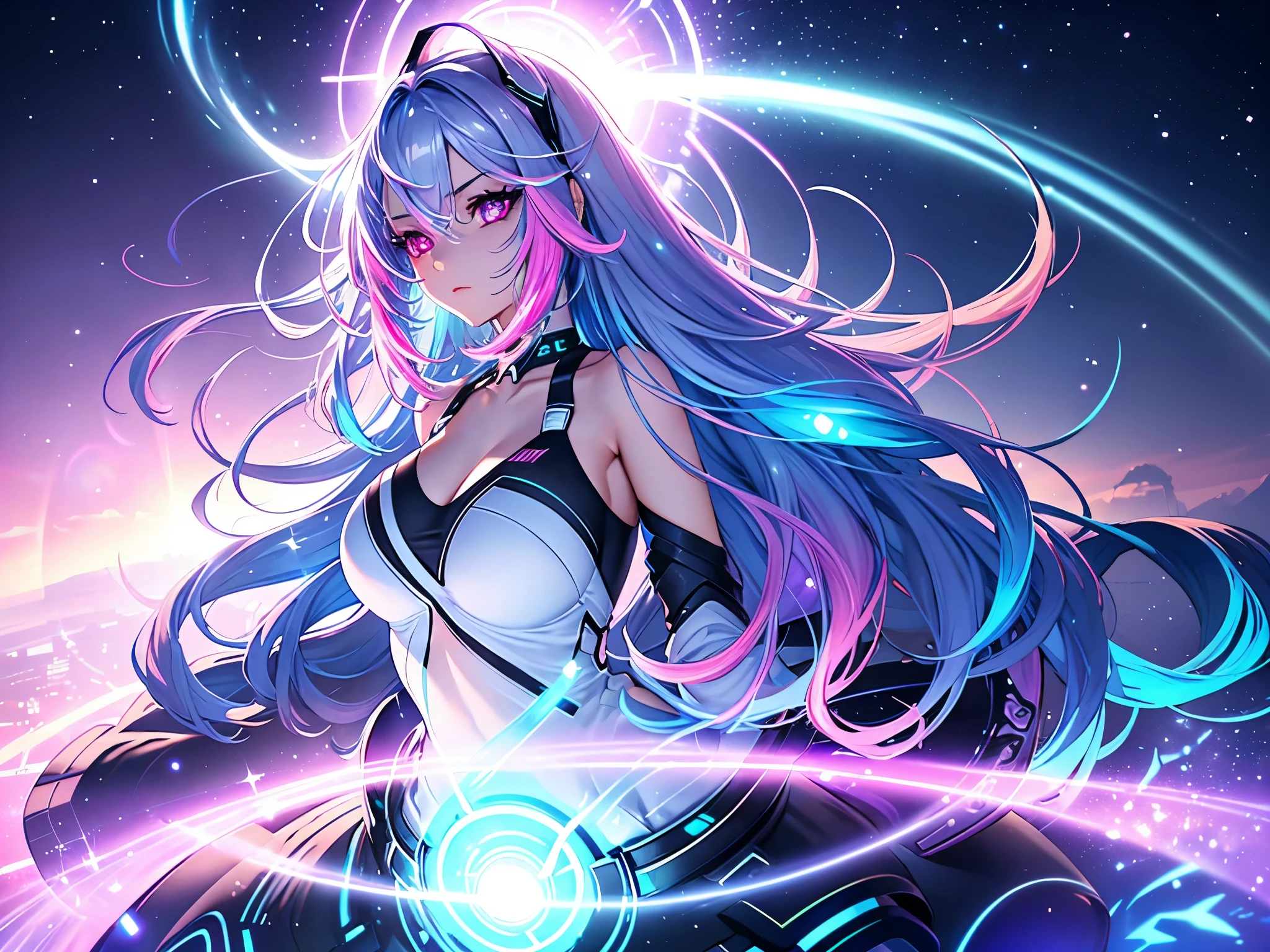 1 girl, 20 year old girl, one person, (Silver blue hair streaked pink purple:1.4), (Gradient sky blue hair ends:1.6), hair strand, absurdly long hair, single sidelock, wavy hair, shiny hair, floating hair, (Illusion deep purple eyes), delicate eyes, aqua eyes, High like real eyes, ((glowing eyes)), makeup, Focus on face, Very detailed facial, hot body, Random environment, Random pose, on the street, looking at the starry night sky, meteor, Technical clothing masterpiece, White extra long skirt, several cross stars beside, Colored lights swirl around the body, (((Extra super huge colorful extra super complex multiple glowing magic circle upright on the back of the head))), cyberpunk, full body shot, realism, chiaroscuro, (glowing light), sparkle, ray tracing, cinematic lighting, Futurism, motion blur, Ultra-Wide Angle, god rays, atmospheric perspective, best quality, UHD, super detail, masterpiece, highres, ccurate, retina