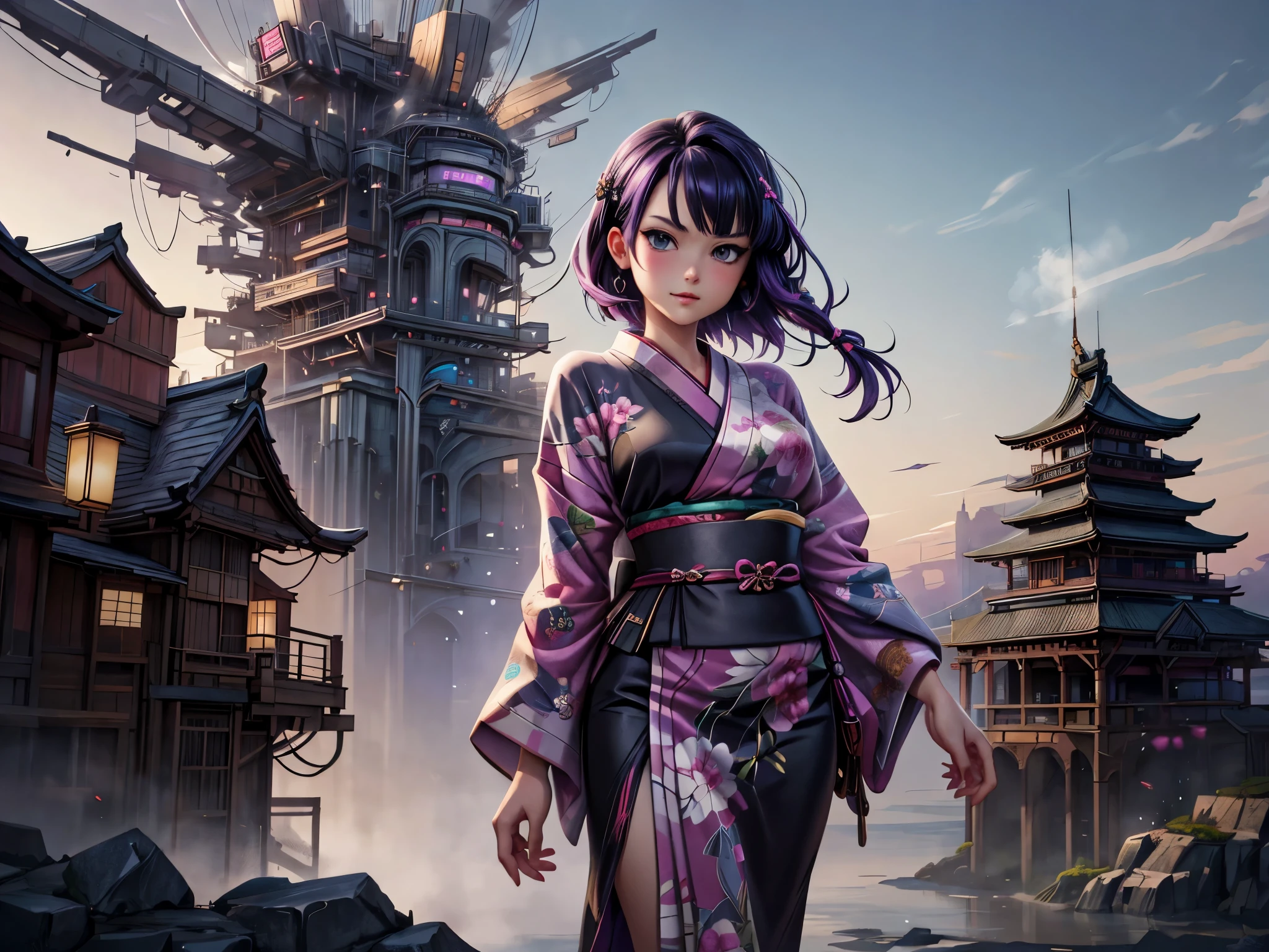 Anime - style illustration of two women with purple hair and black hair., Beautiful sisters in black and pink yukata, Arrogant demeanor, Magnificent and majestic, Steam Punk City on Background, Detailed digital anime art, Gouache style art, artgerm artgerm and wlop, Argerm style, High quality detailed artwork. 8k has a picture of an ancient Japanese castle in the background.