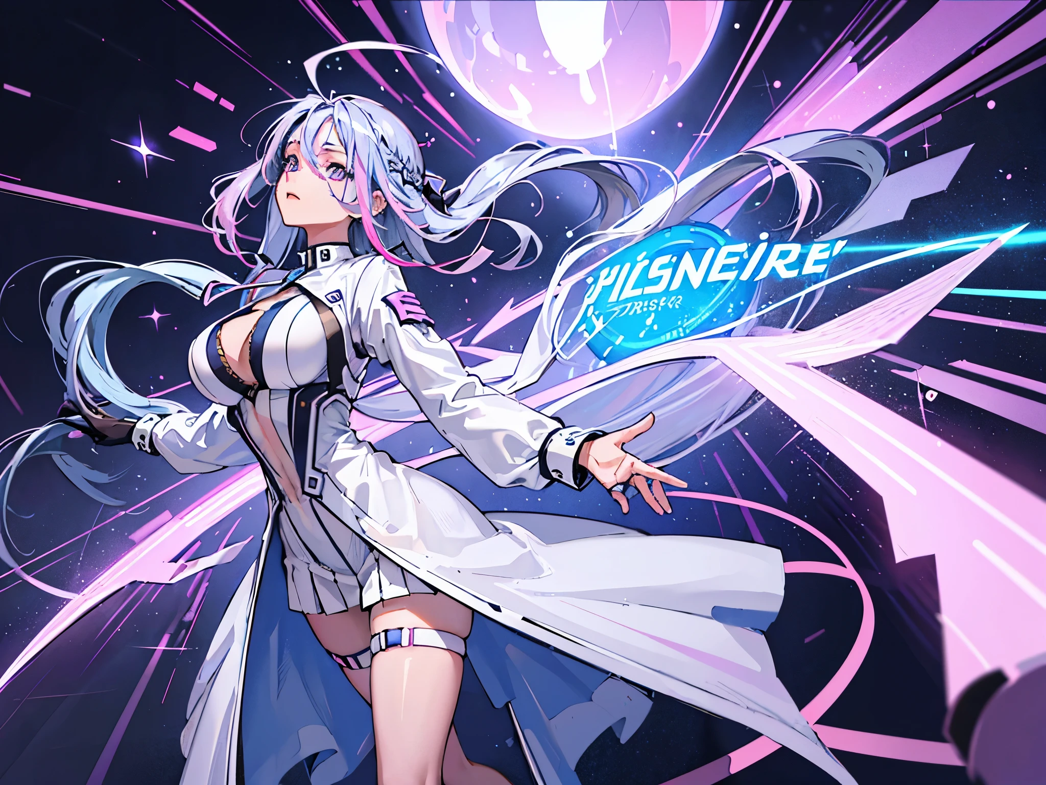 1 girl, 20 year old girl, one person, (Silver blue hair streaked pink purple:1.4), (Gradient sky blue hair ends:1.6), hair strand, absurdly long hair, single sidelock, wavy hair, shiny hair, floating hair, (Illusion deep purple eyes), delicate eyes, aqua eyes, High like real eyes, ((glowing eyes)), makeup, Focus on face, Very detailed facial, hot body, Random environment, Random pose, on the street, looking at the starry night sky, meteor, Technical clothing masterpiece, White extra long skirt, (several cross stars beside), (Colored lights swirl around the body), (((Extra super huge colorful extra super complex multiple glowing magic circle upright on the back of the head))), cyberpunk, full body shot, realism, chiaroscuro, ((glowing light)), (sparkle), (ray tracing), cinematic lighting, Futurism, motion blur, Ultra-Wide Angle, god rays, atmospheric perspective, best quality, UHD, super detail, masterpiece, highres, ccurate, retina