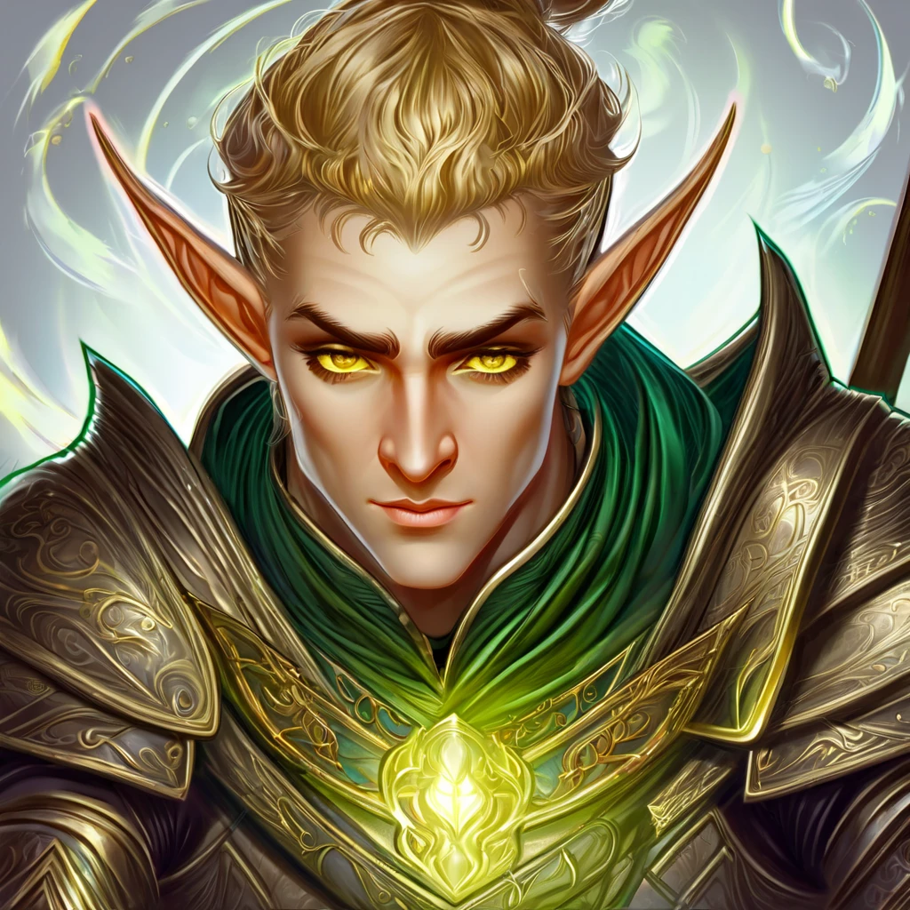 Dungeons & Dragons, aesthetic, dungeons and dragons, paladin portrait of a 2 4 years old male evil elf with short dark blonde hair, yellow irises!! elf, rogue, sharp focus, d & d, fantasy, intricate, elegant, highly detailed, digital painting, art