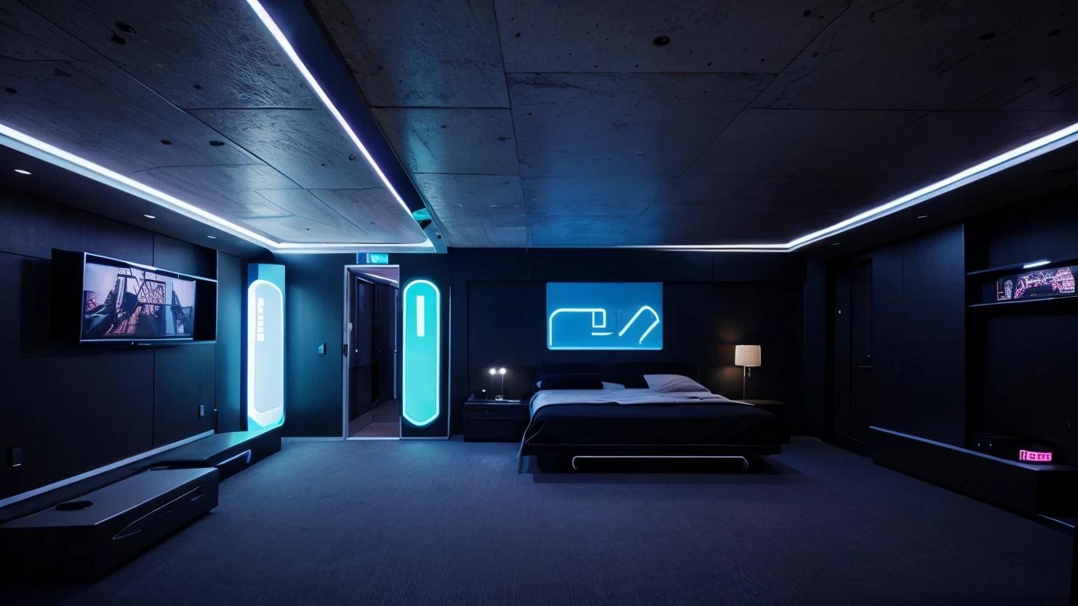 Utopian house of the future with neon lights and special gadgets