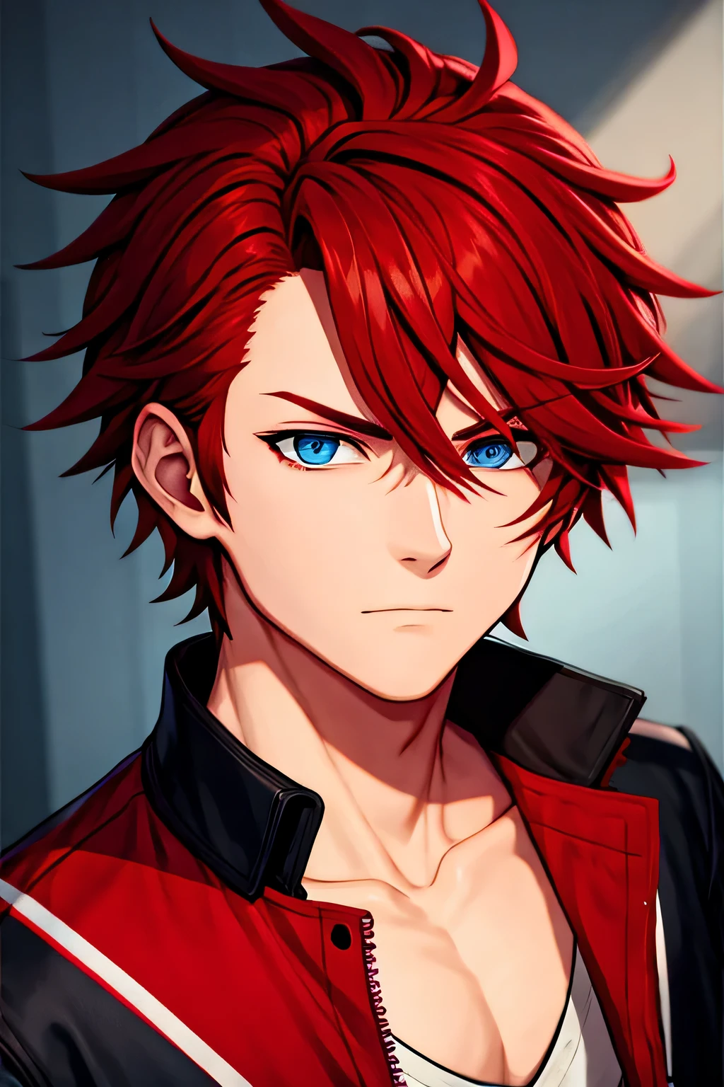 upper body, ultra detailed, highres, high-resolution, 8k, 8k portrait, unity 8k wallpaper, extremely detailed unity 8k wallpaper, musashi\(orient\), japanese clothes, solo, 1boy, looking at viewer, male focus, blue eyes, grin, red hair, spiked hair, white hood, short sleeves, black hoodie, midriff, wristband, sunlight, scenery, wilderness