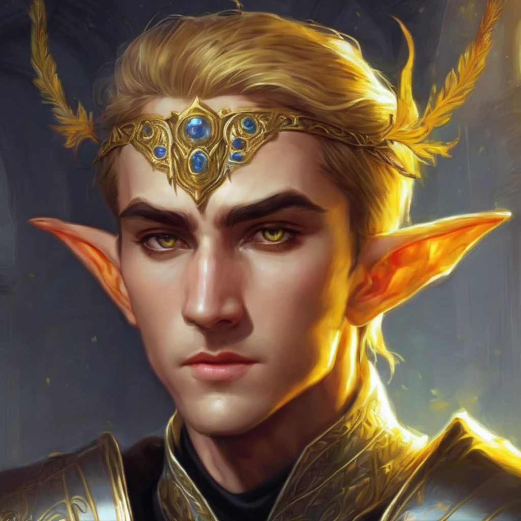 Dungeons & Dragons, aesthetic, dungeons and dragons, paladin portrait of a 2 4 years old male evil elf with short dark blonde hair, yellow irises!! elf, rogue, sharp focus, d & d, fantasy, intricate, elegant, highly detailed, digital painting, art